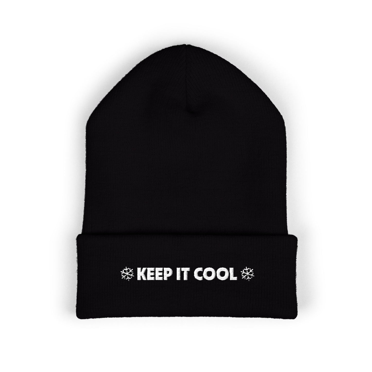 Black beanie with 'KEEP IT COOL' text on a white background