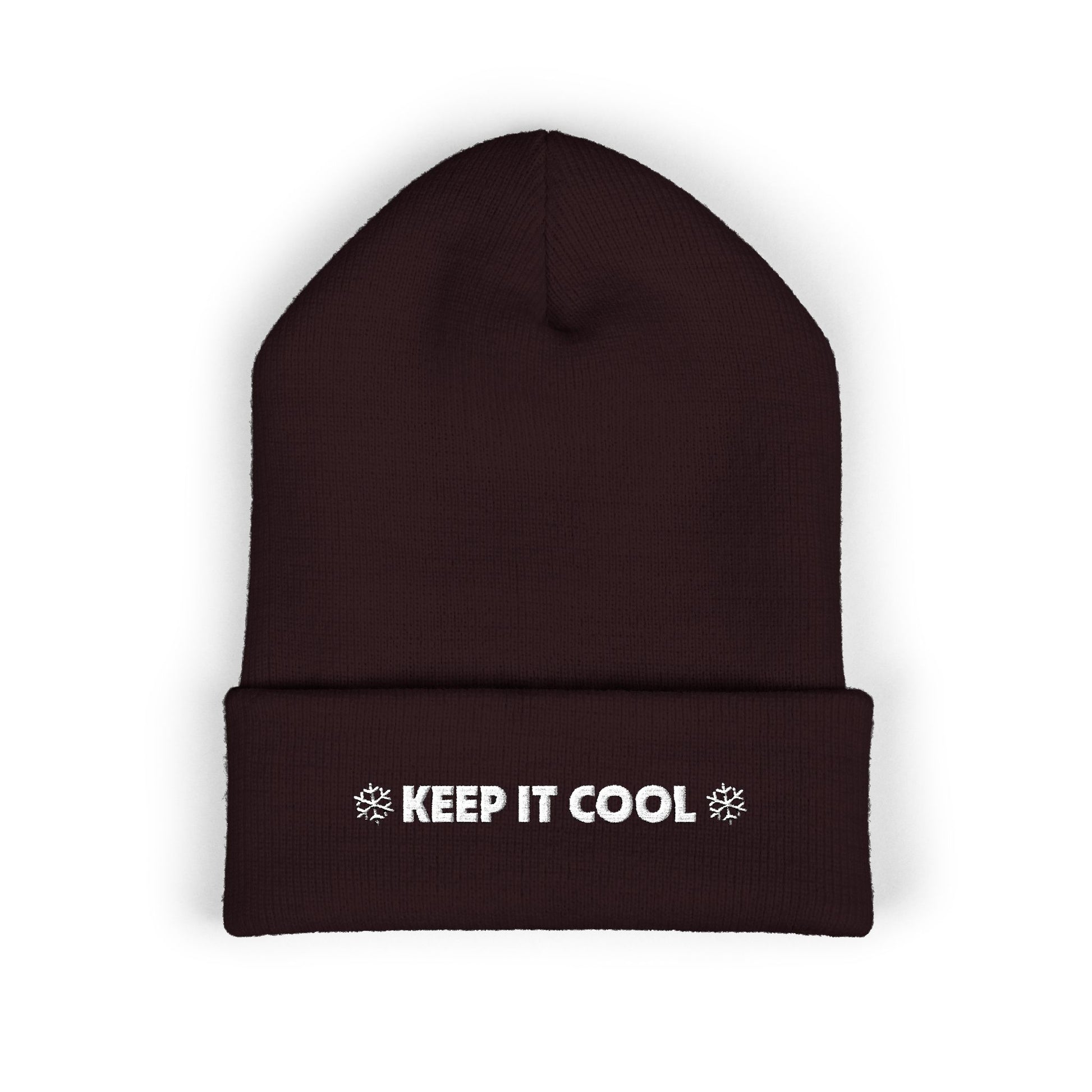Brown beanie with 'KEEP IT COOL' text on a white background