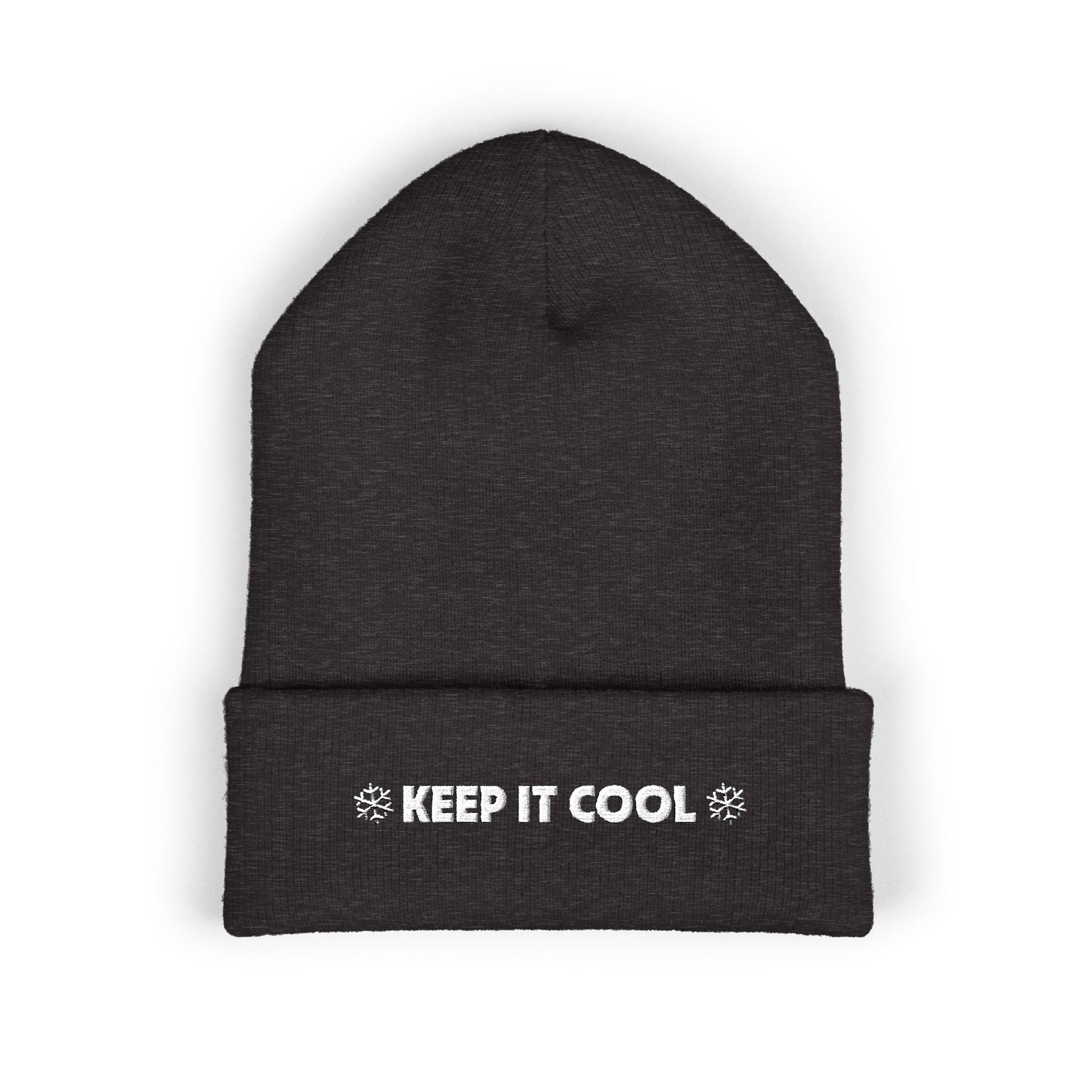 Black beanie with 'KEEP IT COOL' text on a white background