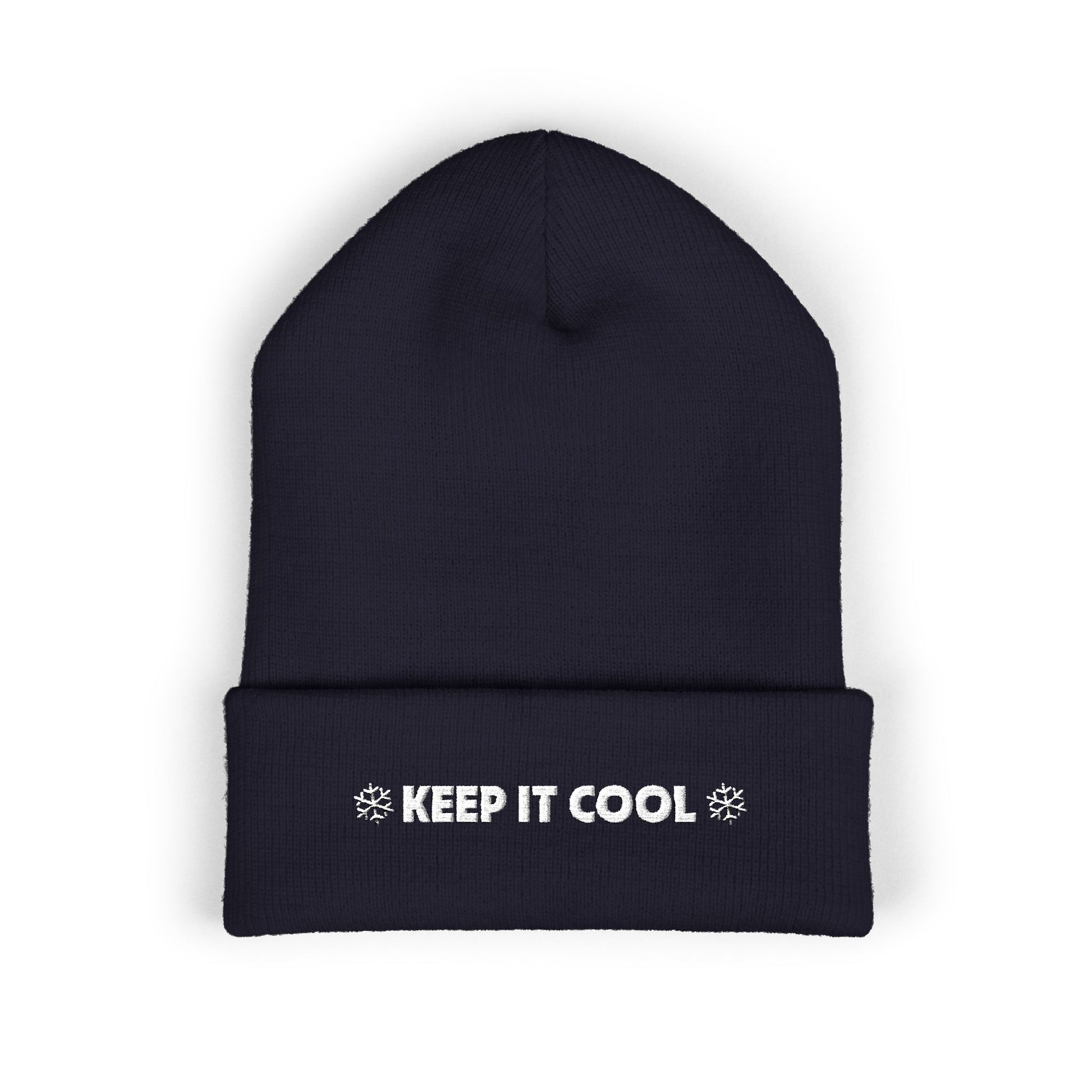 Black beanie with 'KEEP IT COOL' text on a white background