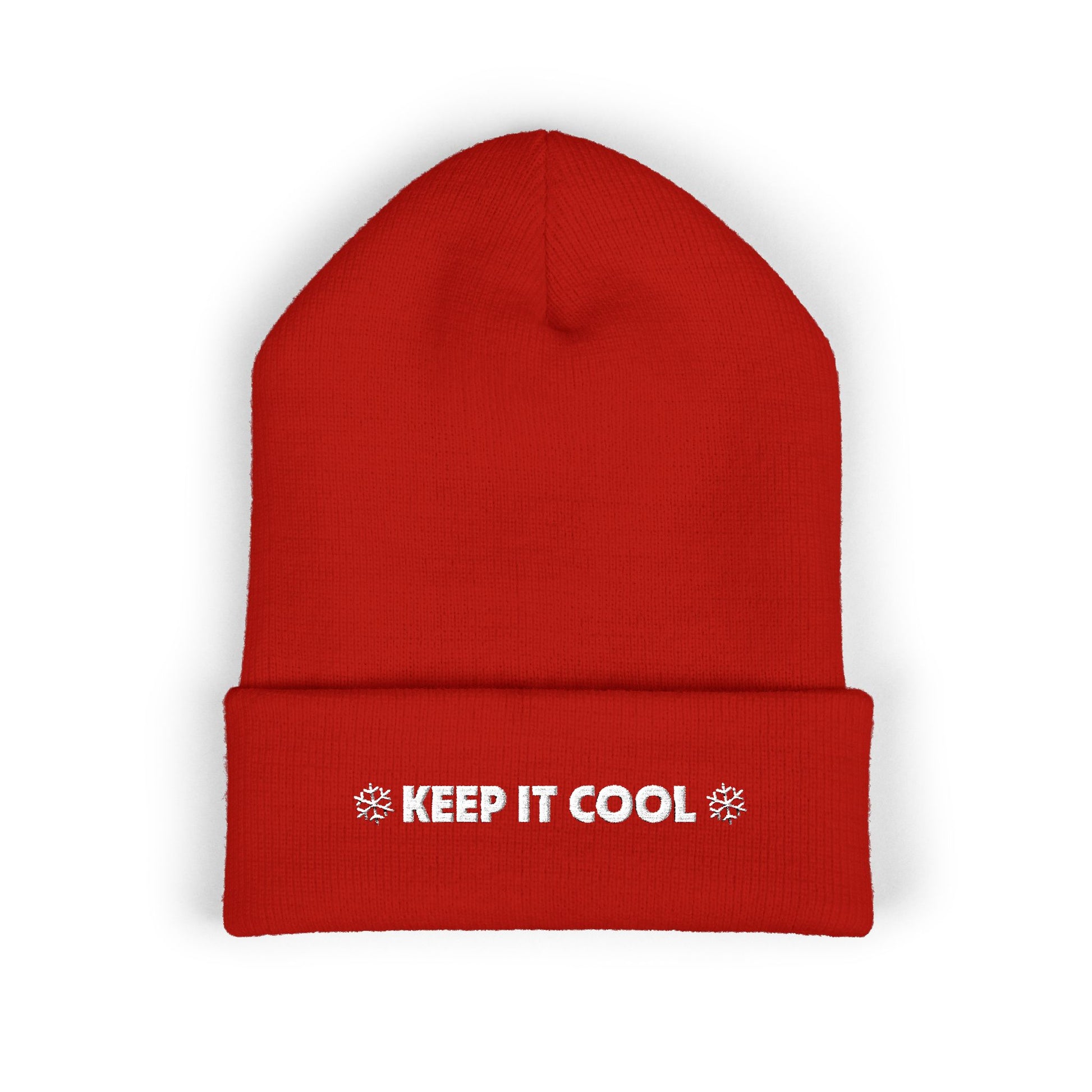 Red beanie with 'KEEP IT COOL' text on a white background