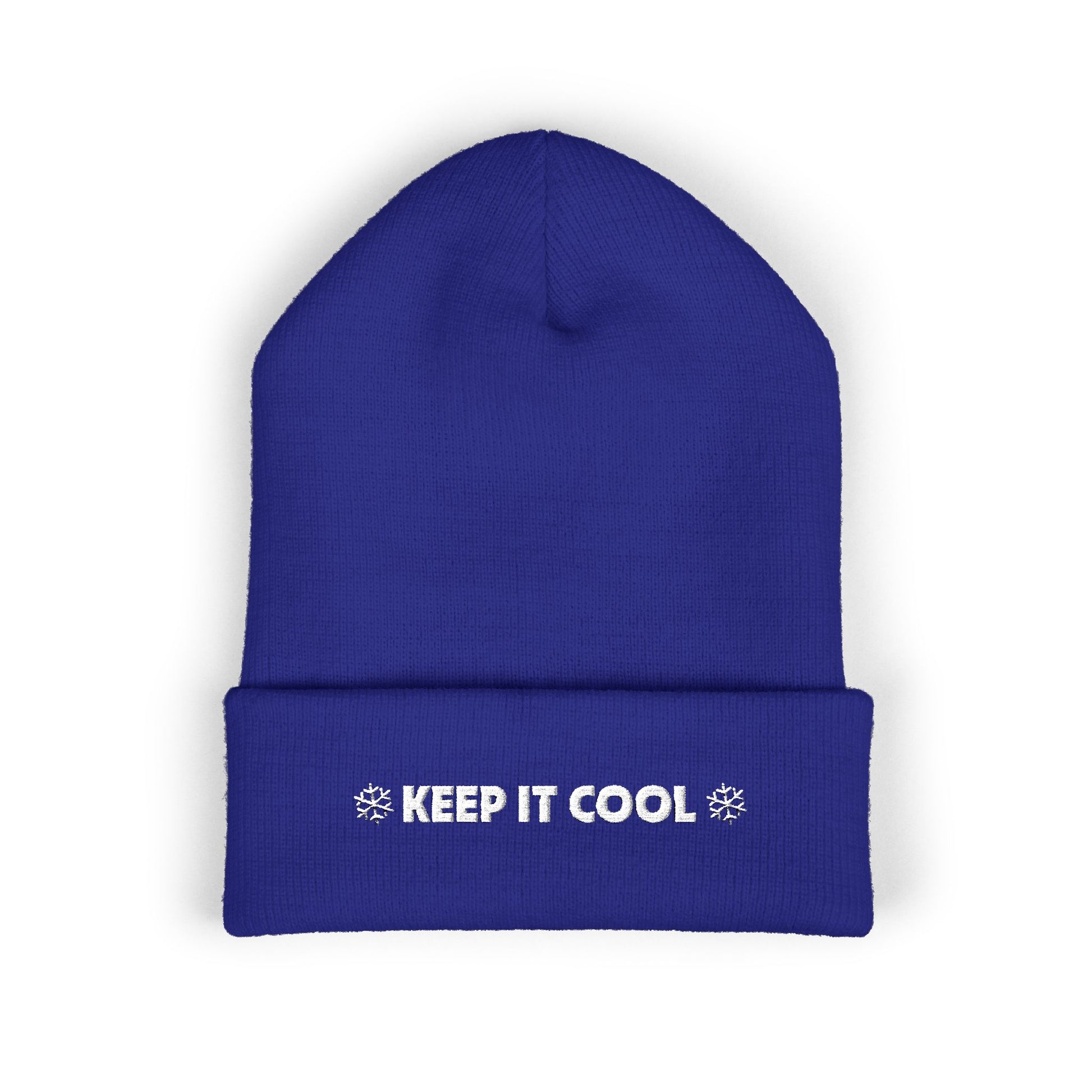 Blue beanie with 'KEEP IT COOL' text on a white background
