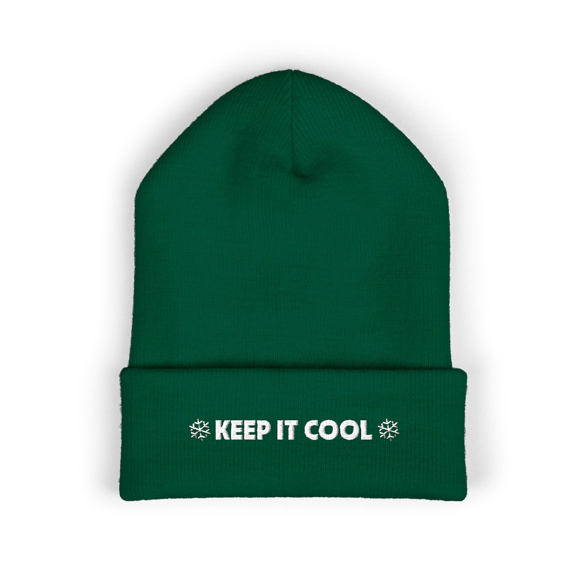 Green beanie with 'KEEP IT COOL' text on a white background