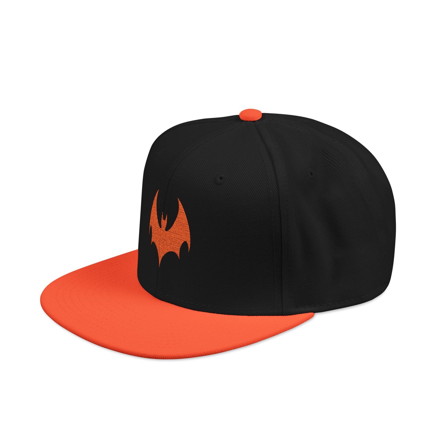 Black and orange cap with a bat symbol on a white background