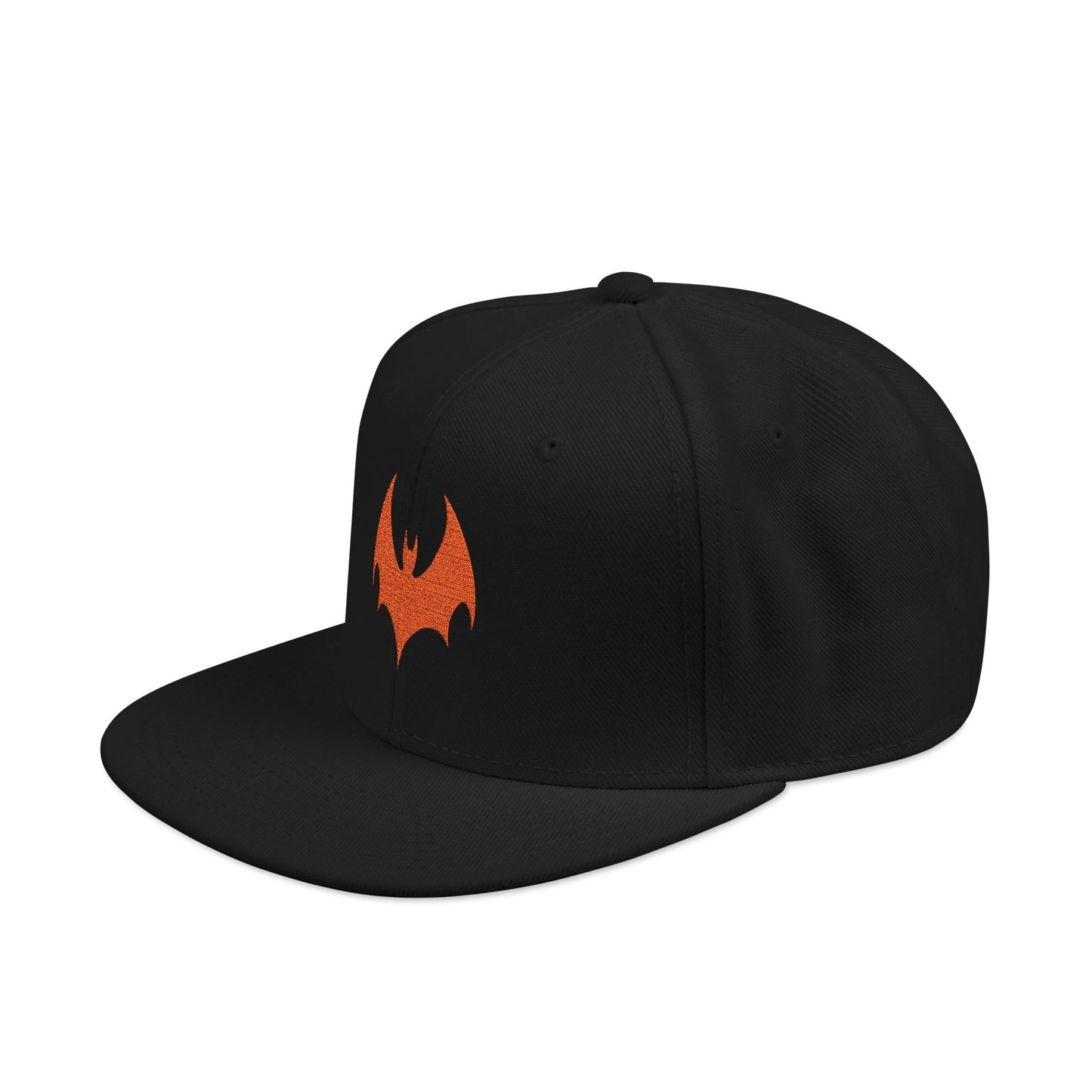 Black cap with orange logo on a white background