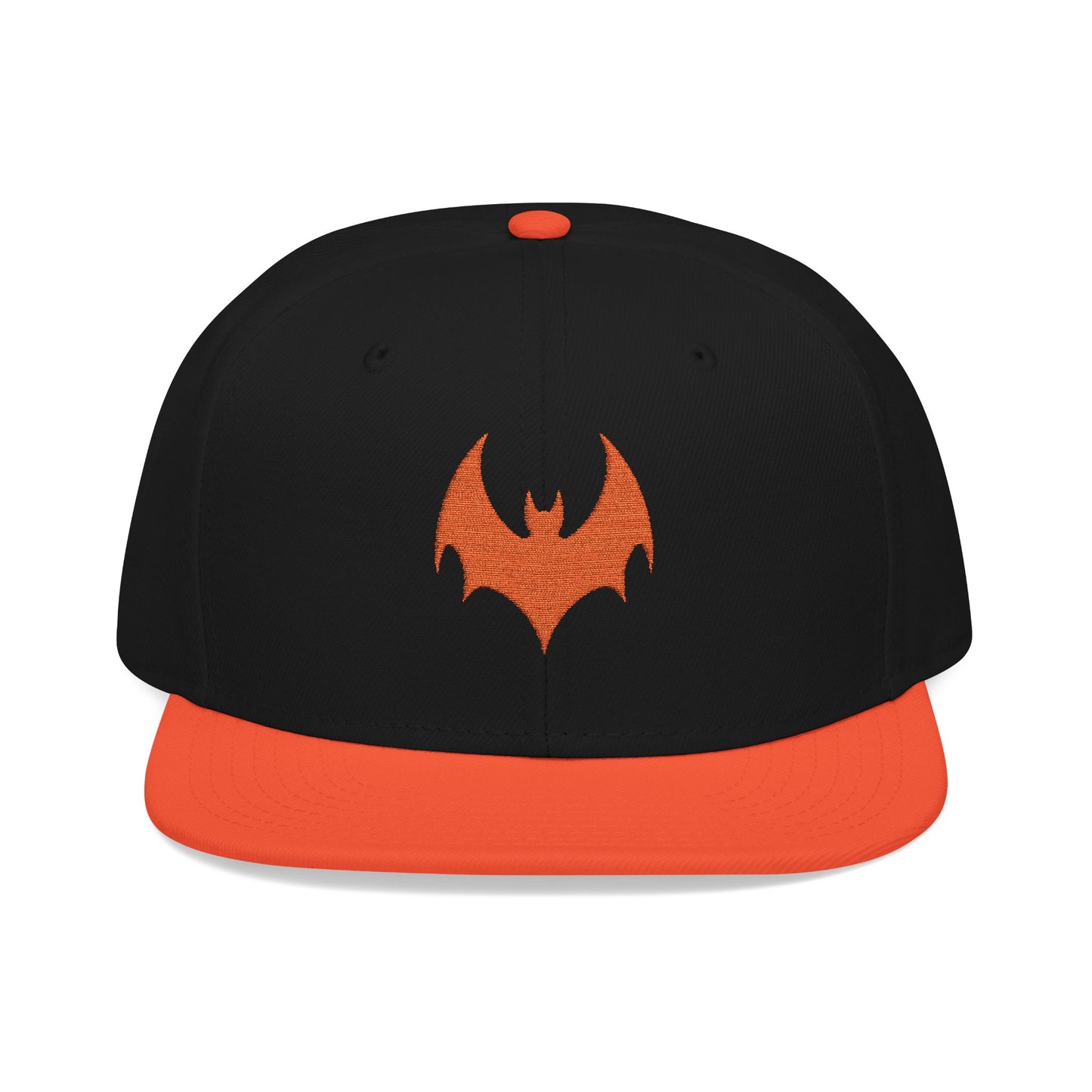 Black and orange cap with a bat symbol on a white background