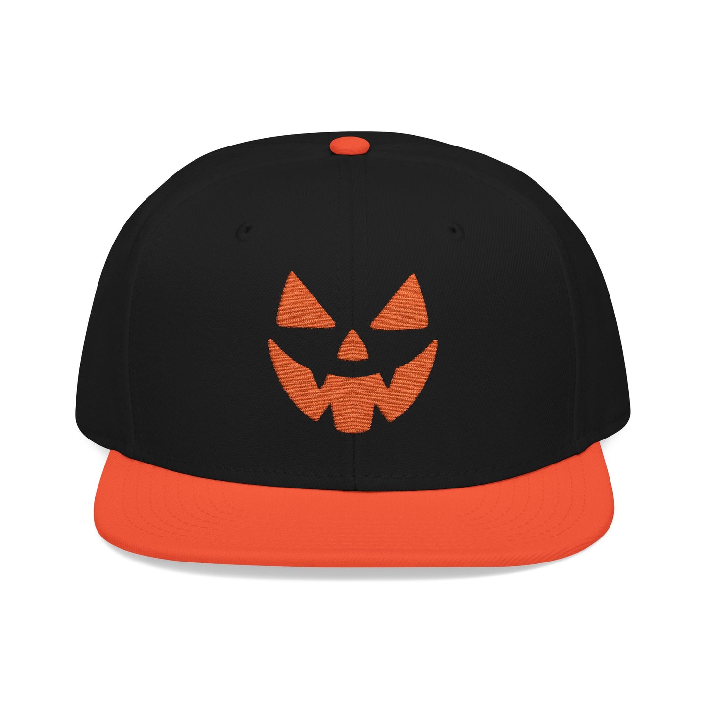 Black and orange cap with a jack-o'-lantern face design on a white background