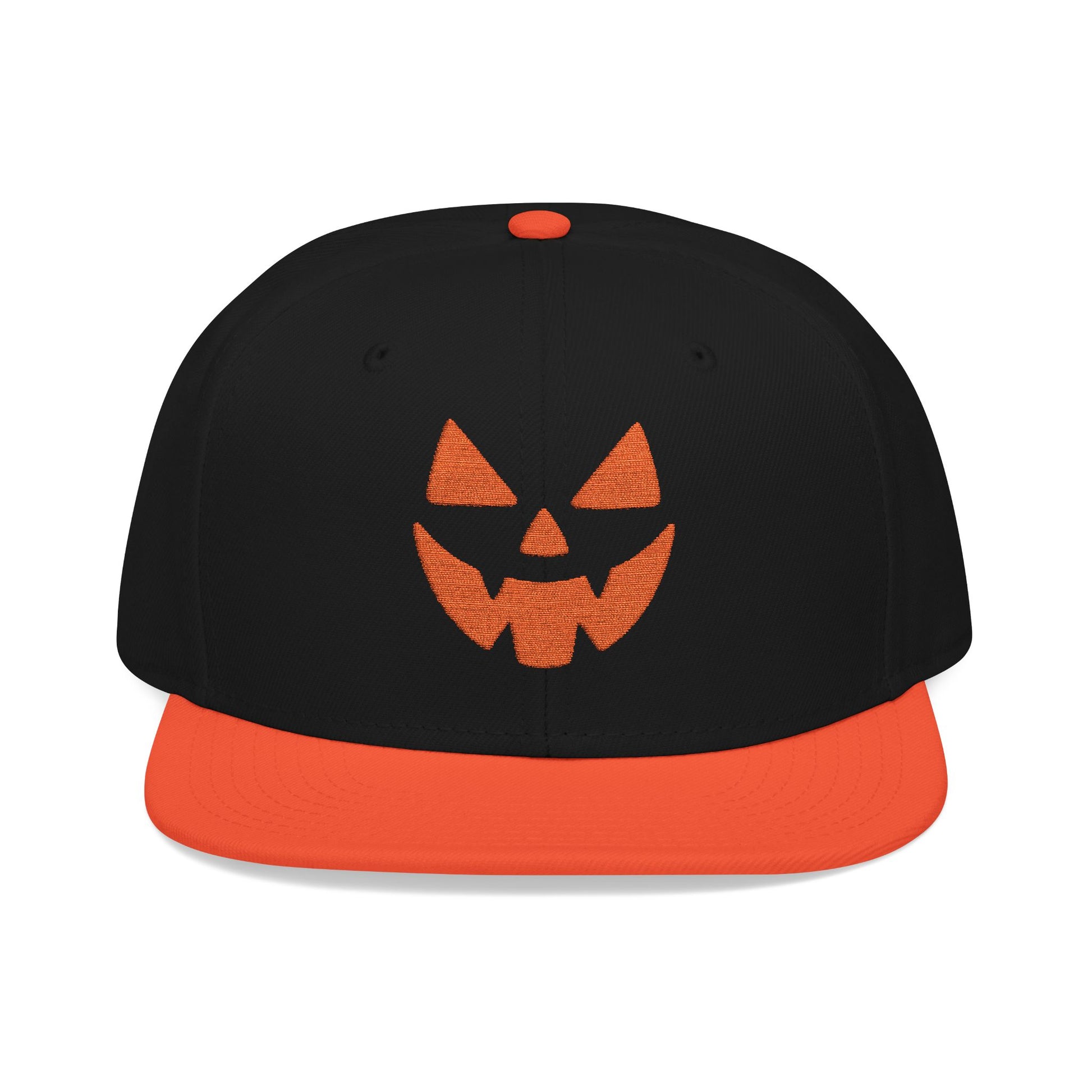 Black and orange cap with a jack-o'-lantern face design on a white background
