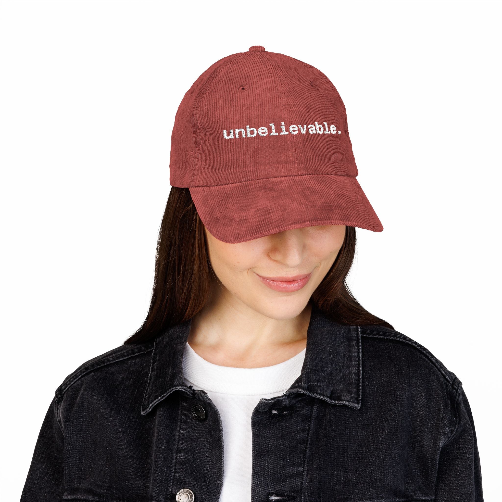 Unbelievable. Corduroy Cap, Burgundy Embroidered Dad Hat, Funny Minimalist Hat Gift, Vintage Vibes, Bold Statement Cap for All Seasons