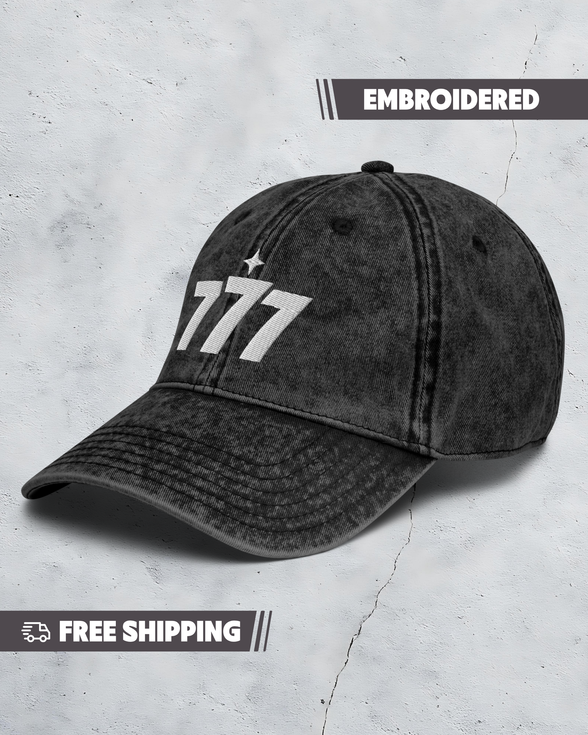 Black denim cap with '777' embroidery on a gray concrete background