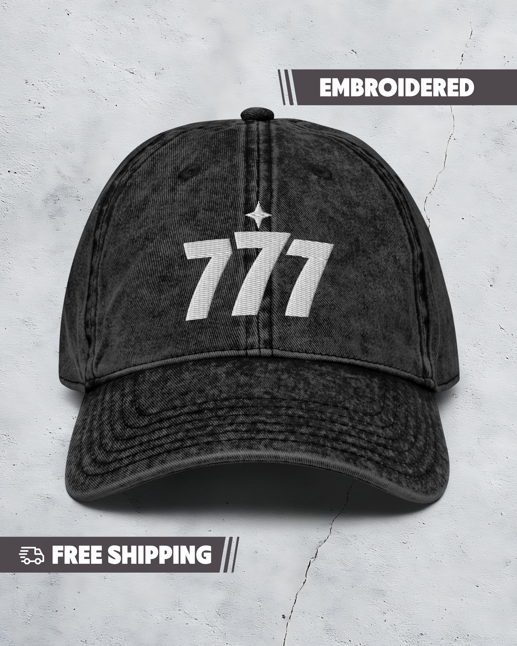 Black baseball cap with '777' logo on a gray background