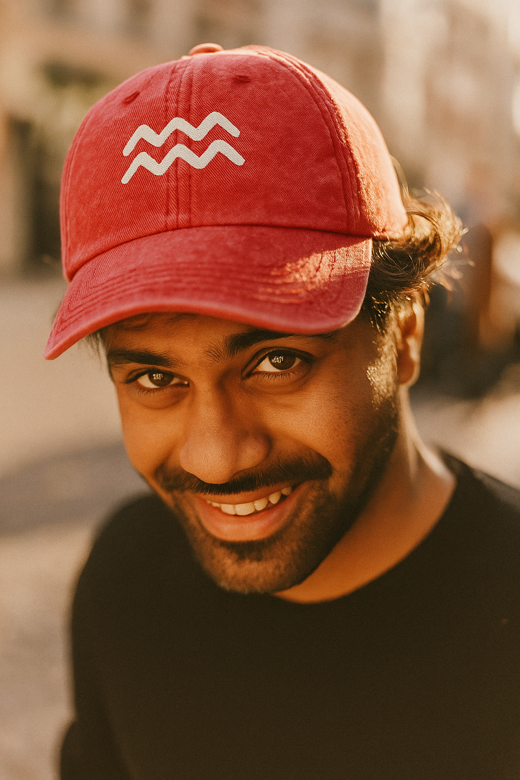 Man wearing a red cap with a white aquarius logo, smiling outdoors.