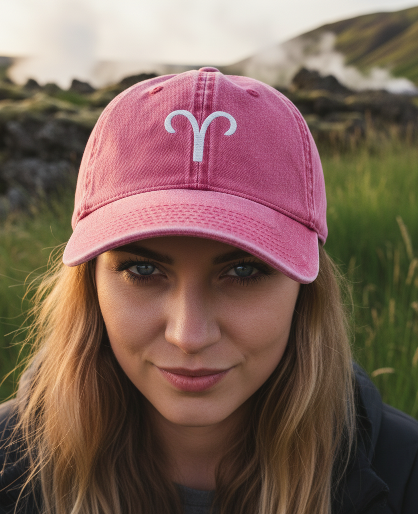 Person wearing a pink cap with an Aries symbol in a natural setting