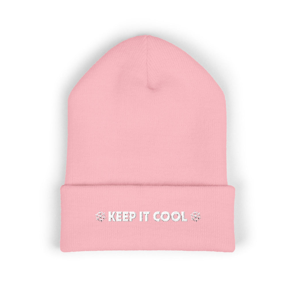 Pink beanie with 'KEEP IT COOL' text on a white background