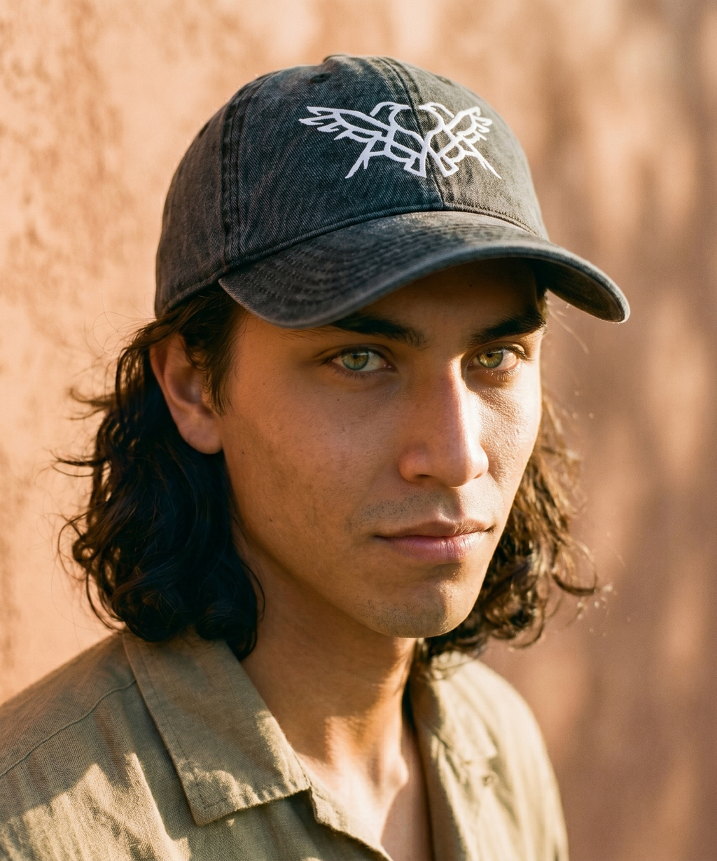 Man wearing a dark denim cap with a logo against a blurred natural background