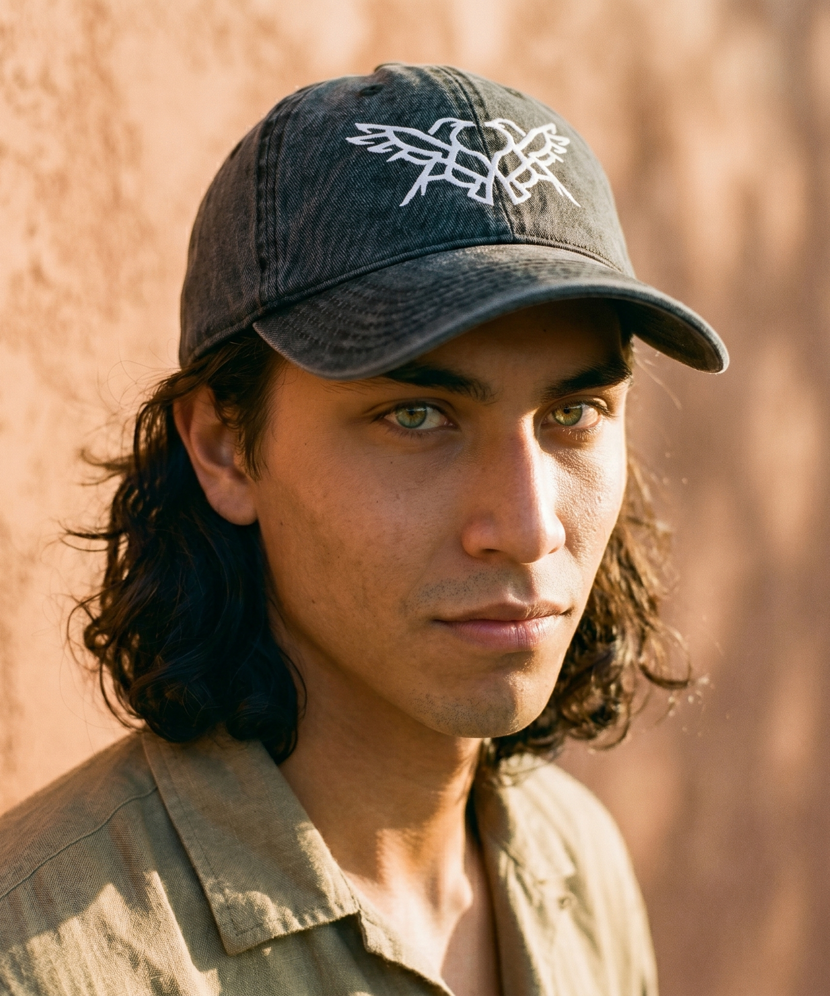 Man wearing a dark denim cap with a logo against a blurred natural background