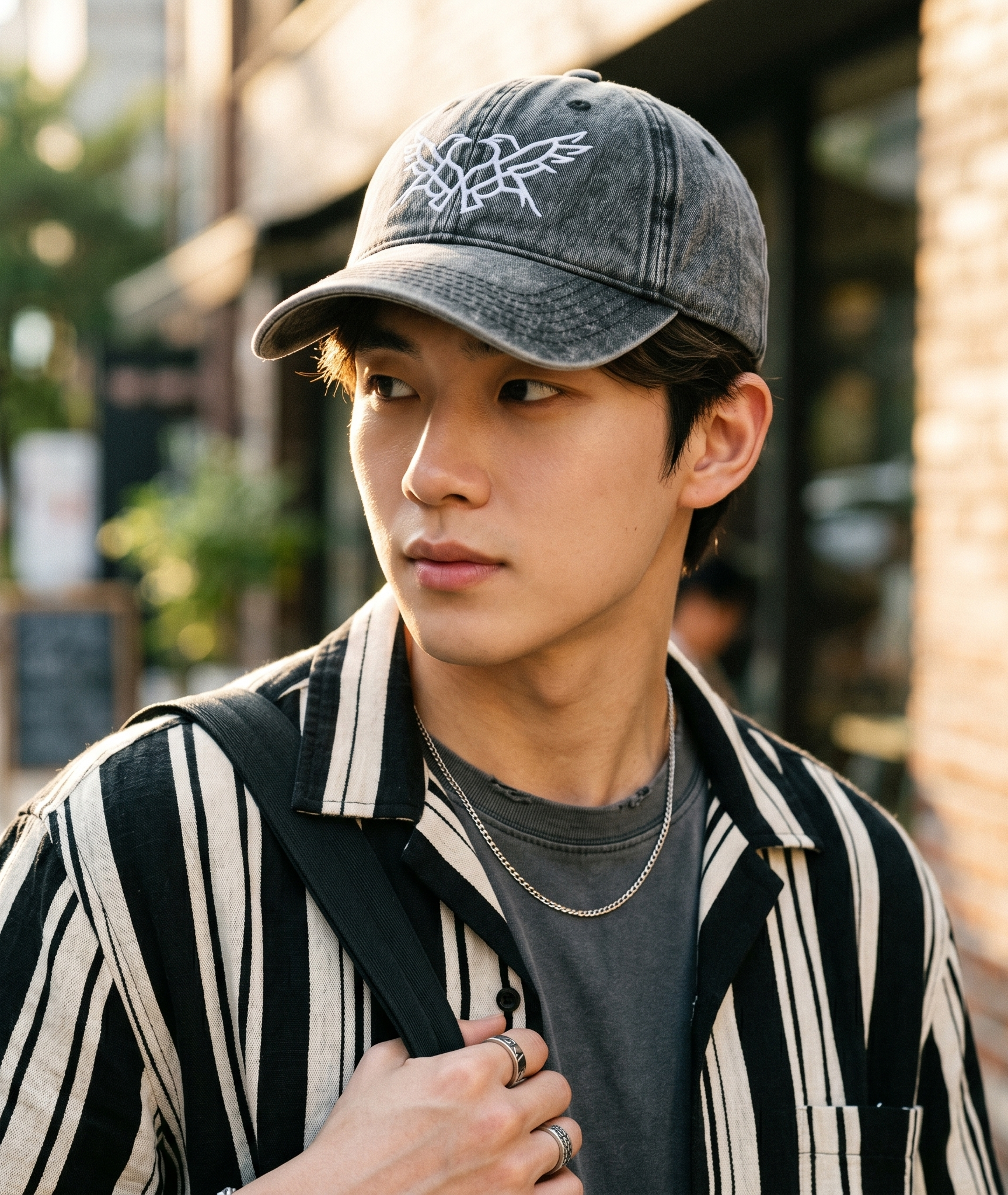 Man wearing a gray cap and striped shirt outdoors