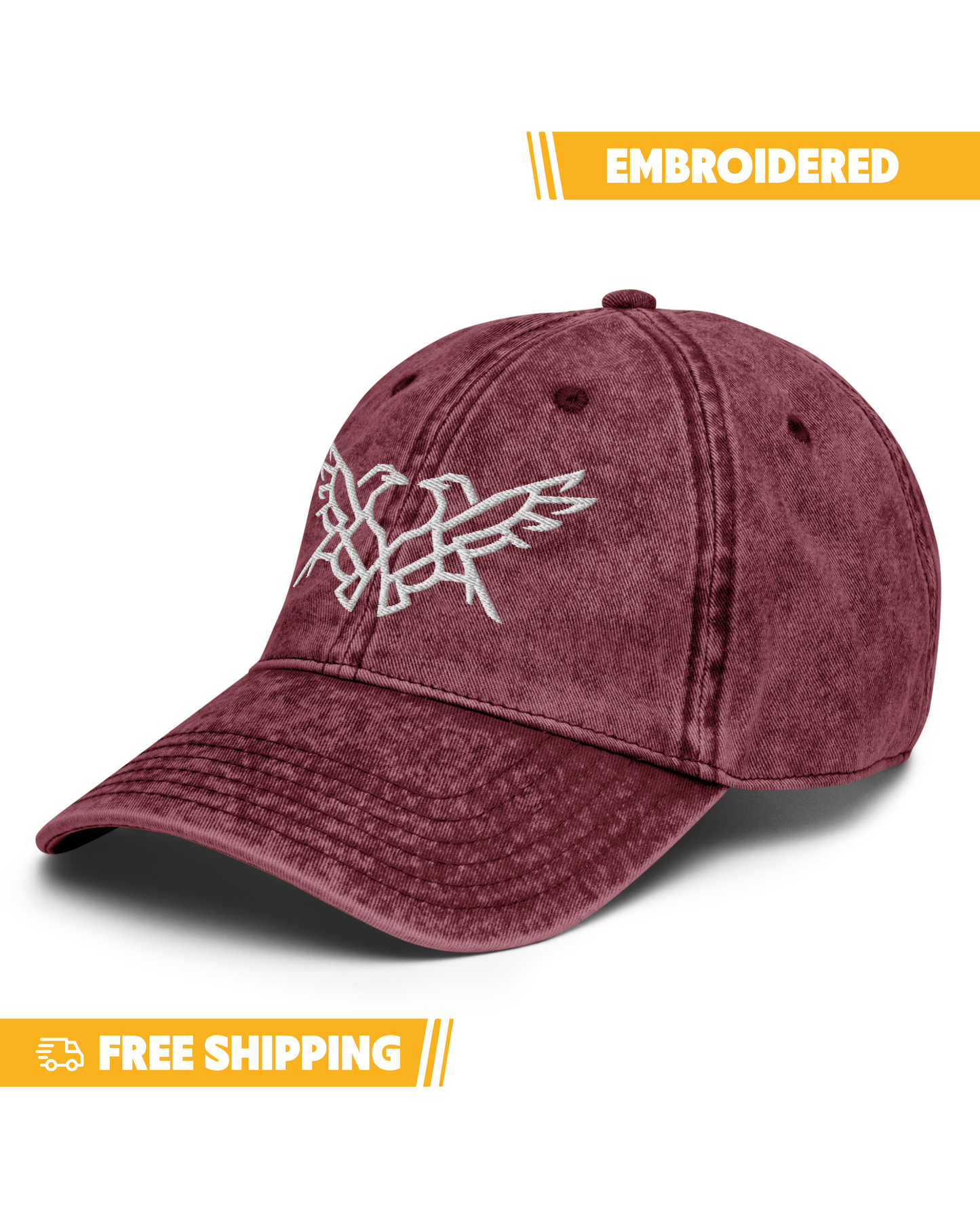 Maroon baseball cap with embroidered design on a white background