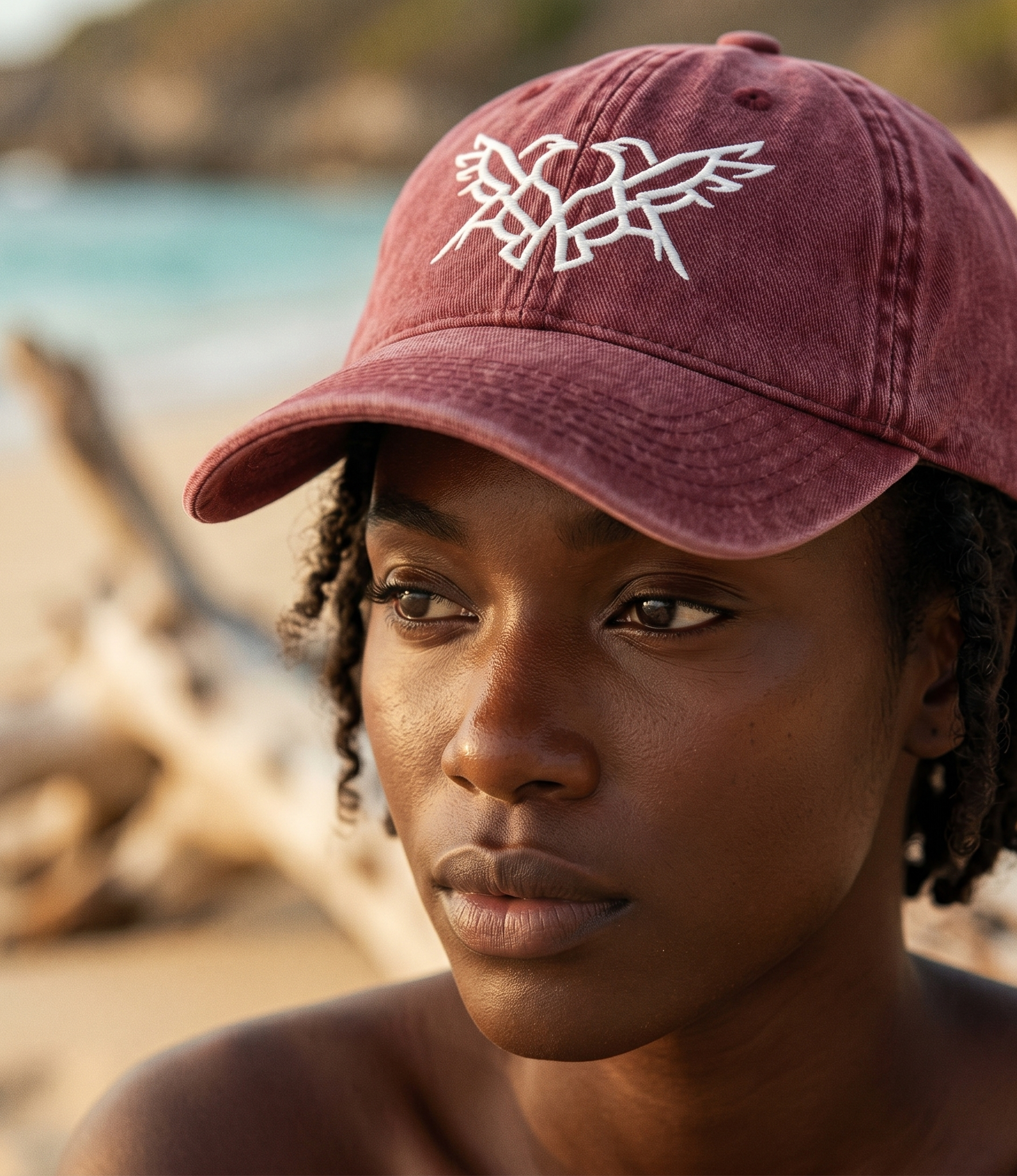 Person wearing a maroon cap with a logo on a beach