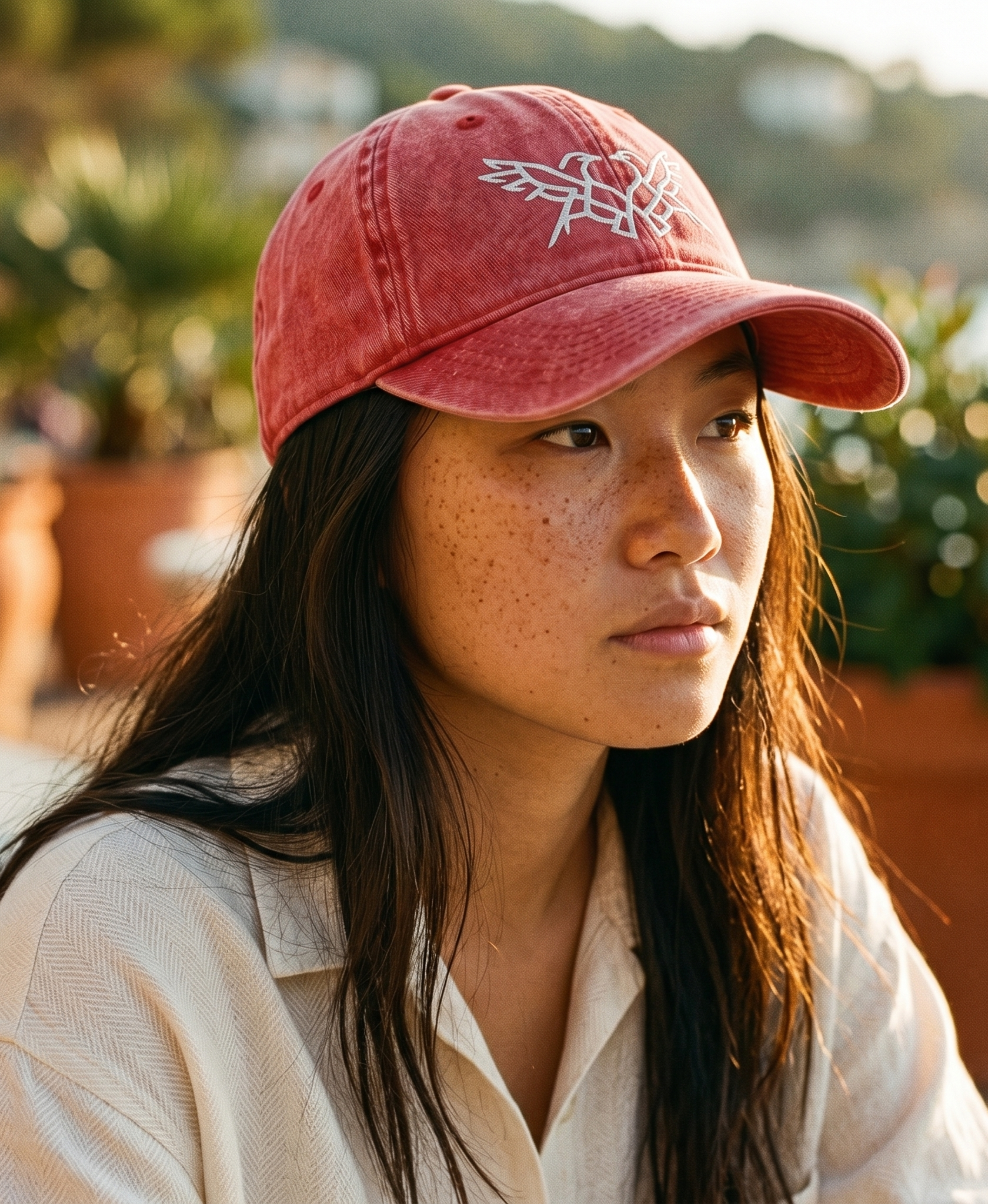 Woman wearing a red cap with a logo, sitting outdoors with blurred greenery in the background