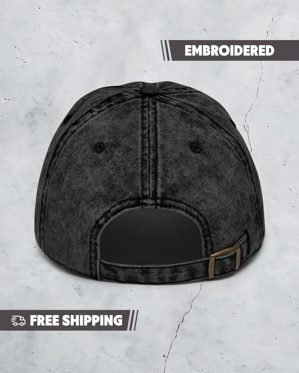 Black denim cap on a textured gray background with 'Embroidered' text and 'Free Shipping' label.