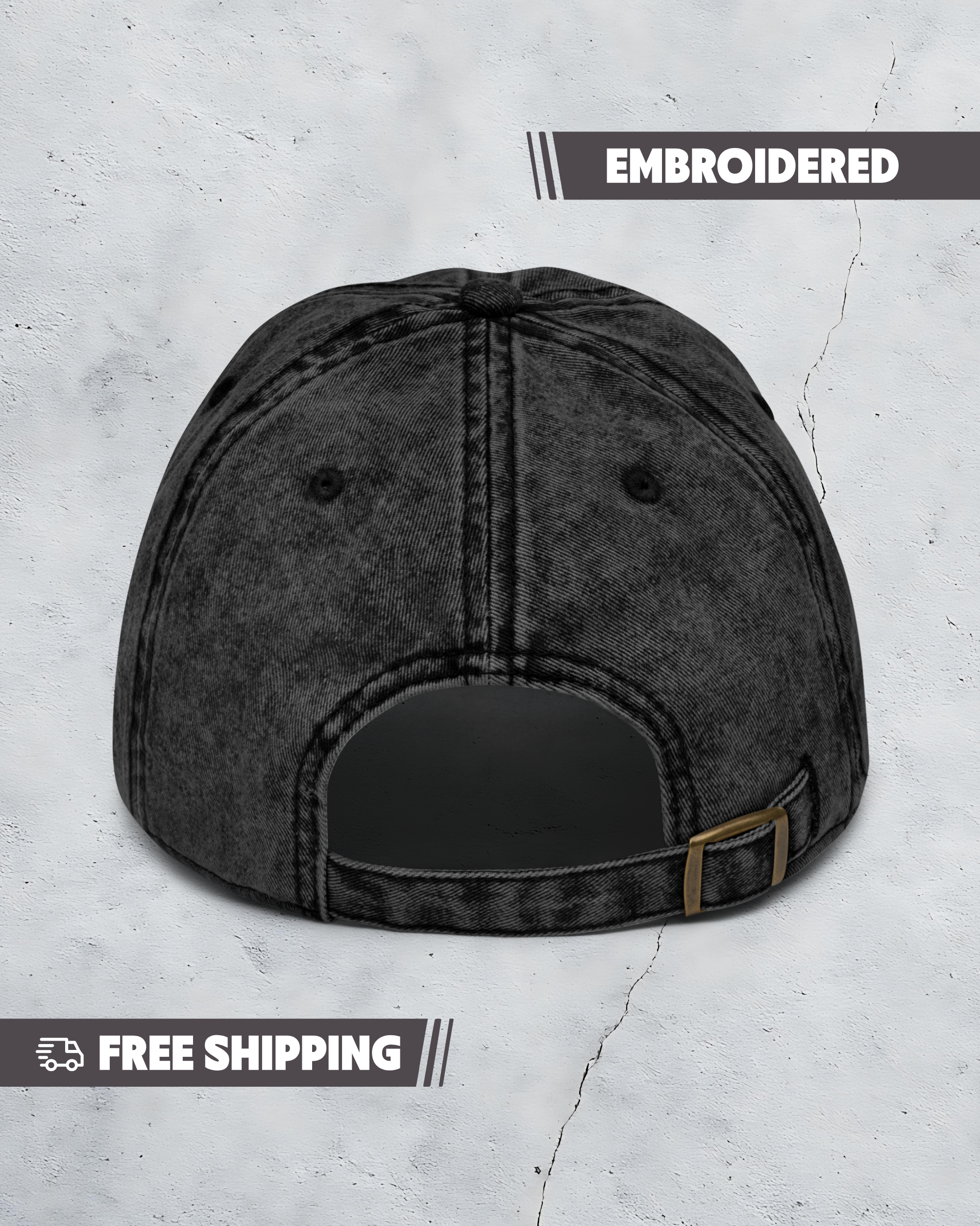 Black denim cap on a textured gray background with 'Embroidered' text and 'Free Shipping' label.