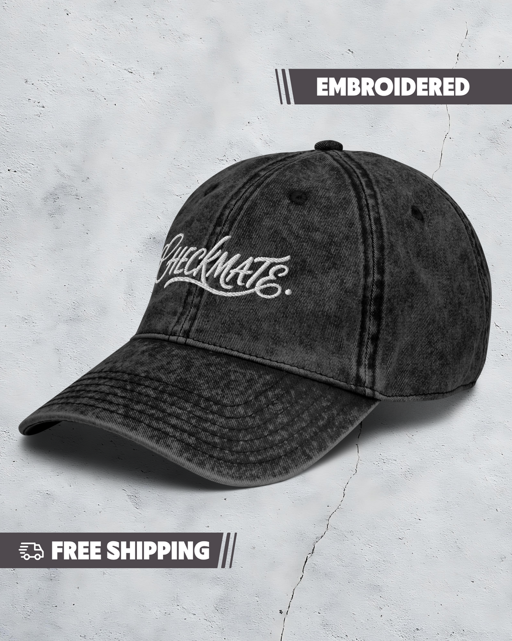 Black embroidered cap on a light gray background with 'Checkmate' text.
