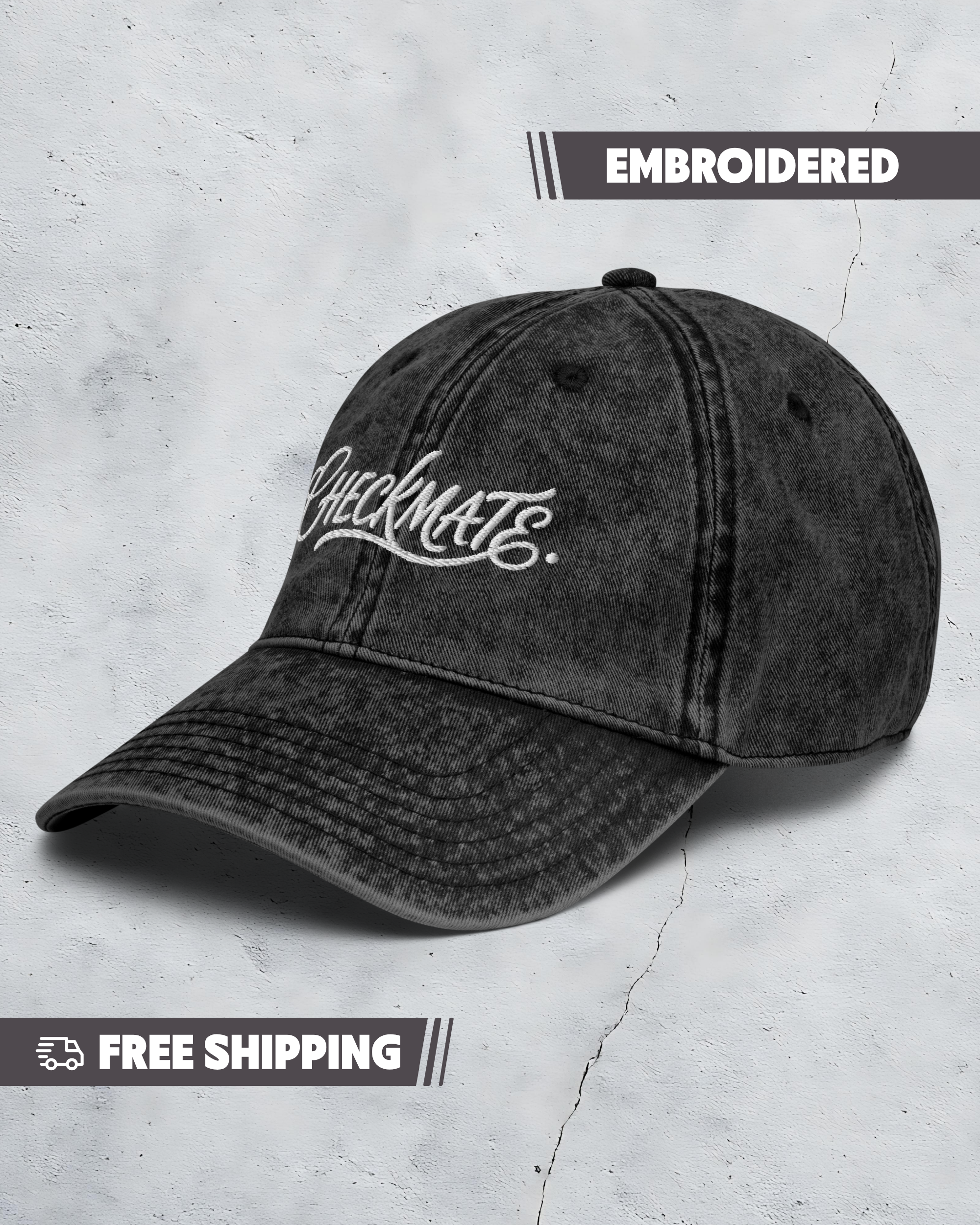 Black embroidered cap on a light gray background with 'Checkmate' text.
