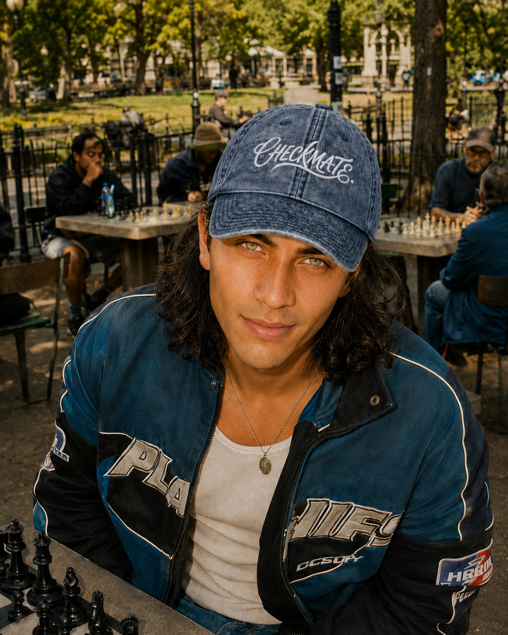 Person wearing a blue cap with 'Checkmate' text, sitting outdoors at a chessboard.