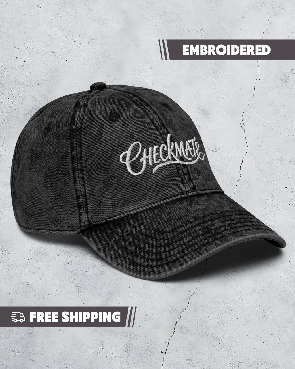 Black cap with 'Checkmate' embroidery on a textured gray background