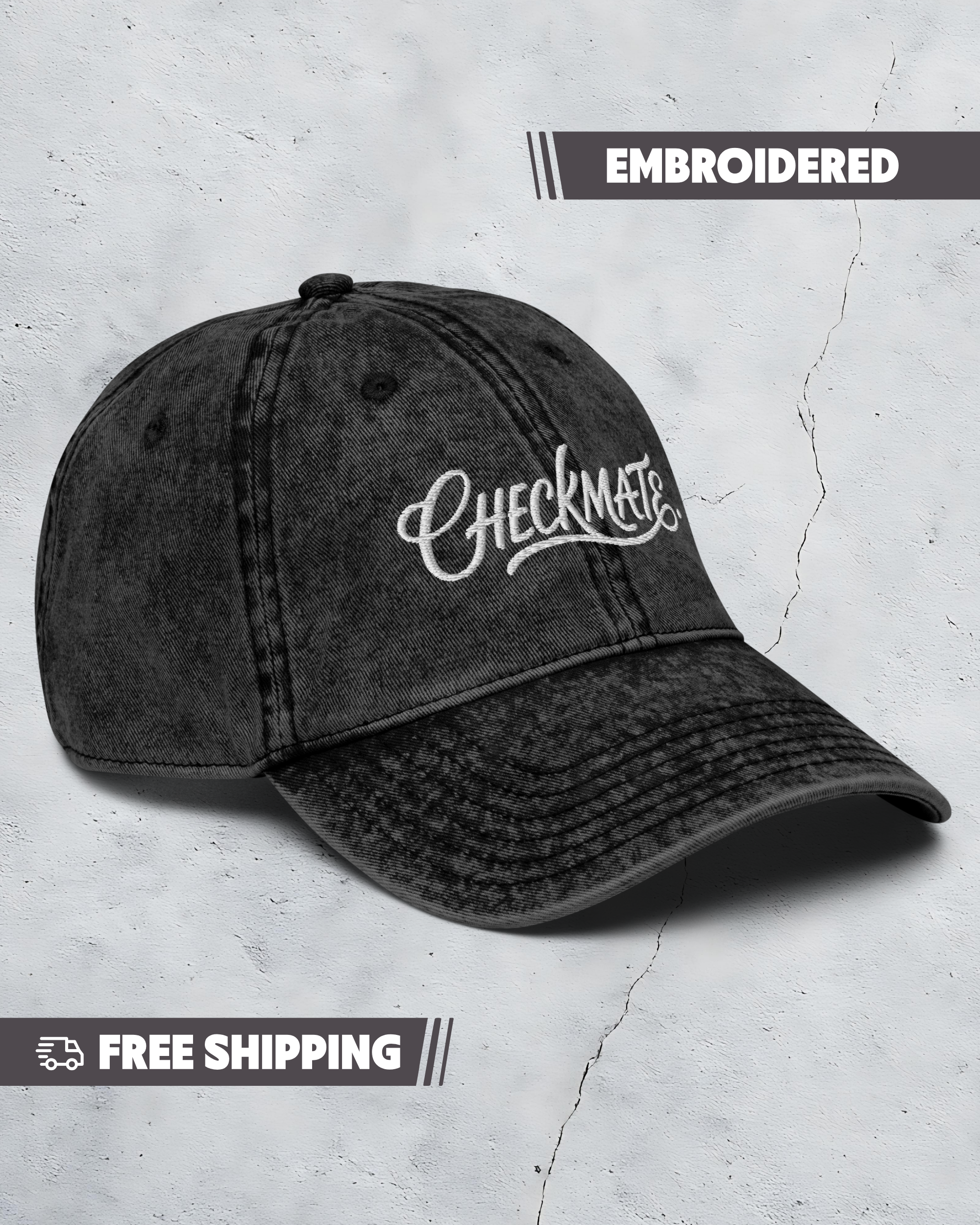 Black cap with 'Checkmate' embroidery on a textured gray background