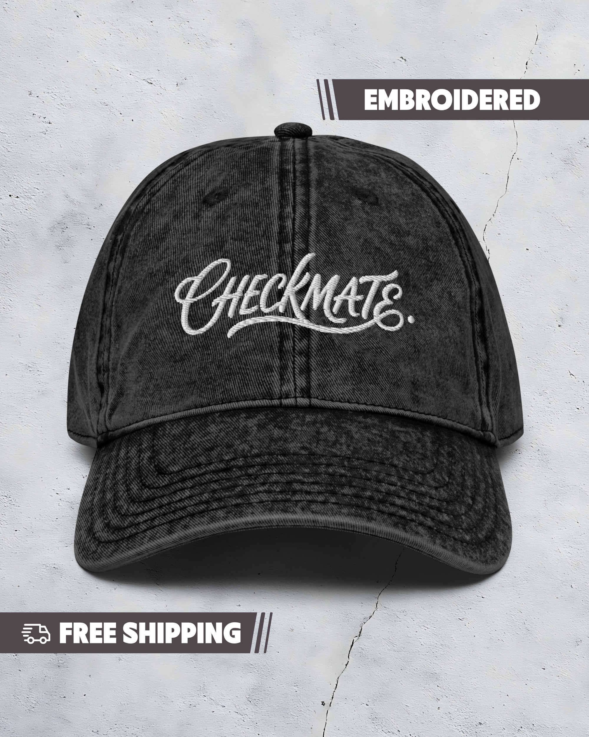 Black baseball cap with 'CHECKMATE' embroidery on a gray background