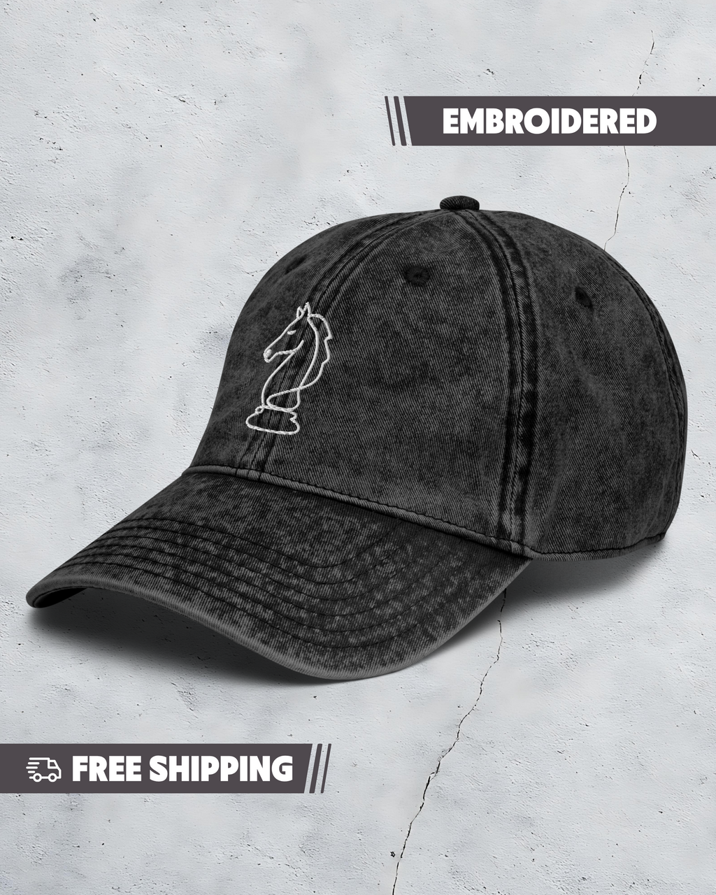Black embroidered cap on a light gray background with 'Embroidered' text above and 'Free Shipping' text below.