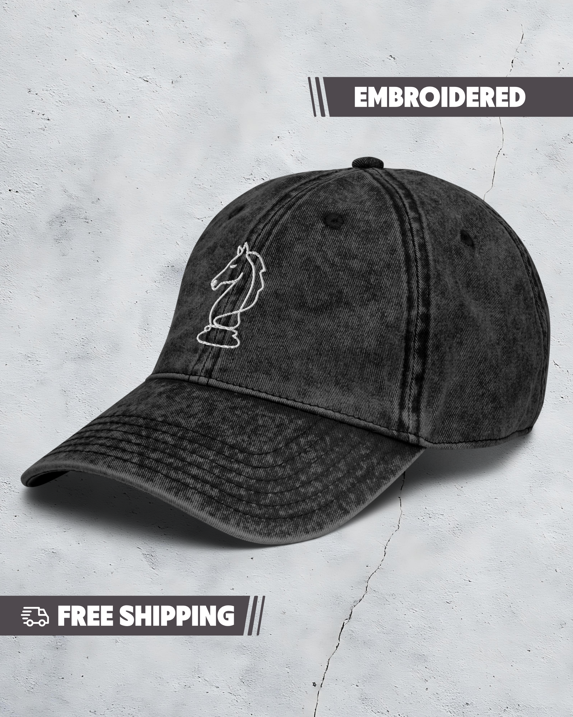 Black embroidered cap on a light gray background with 'Embroidered' text above and 'Free Shipping' text below.