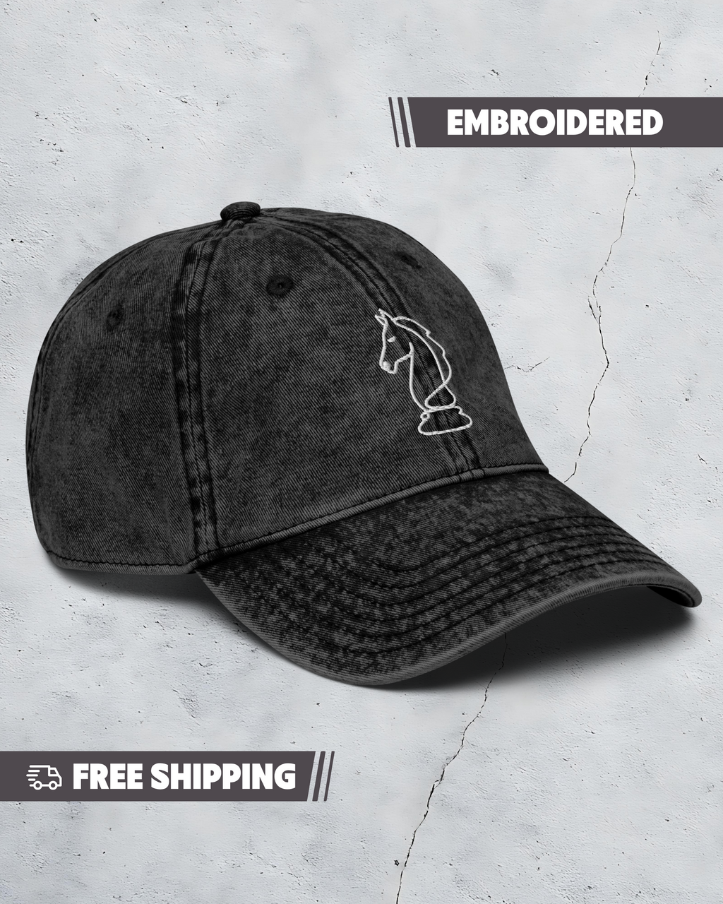 Black embroidered cap on a textured gray background with 'Embroidered' text above.