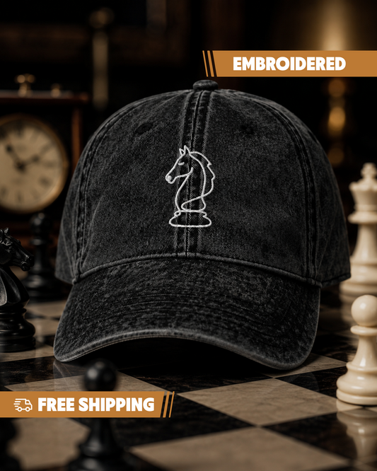 Black embroidered cap with a horse icon on a chessboard background
