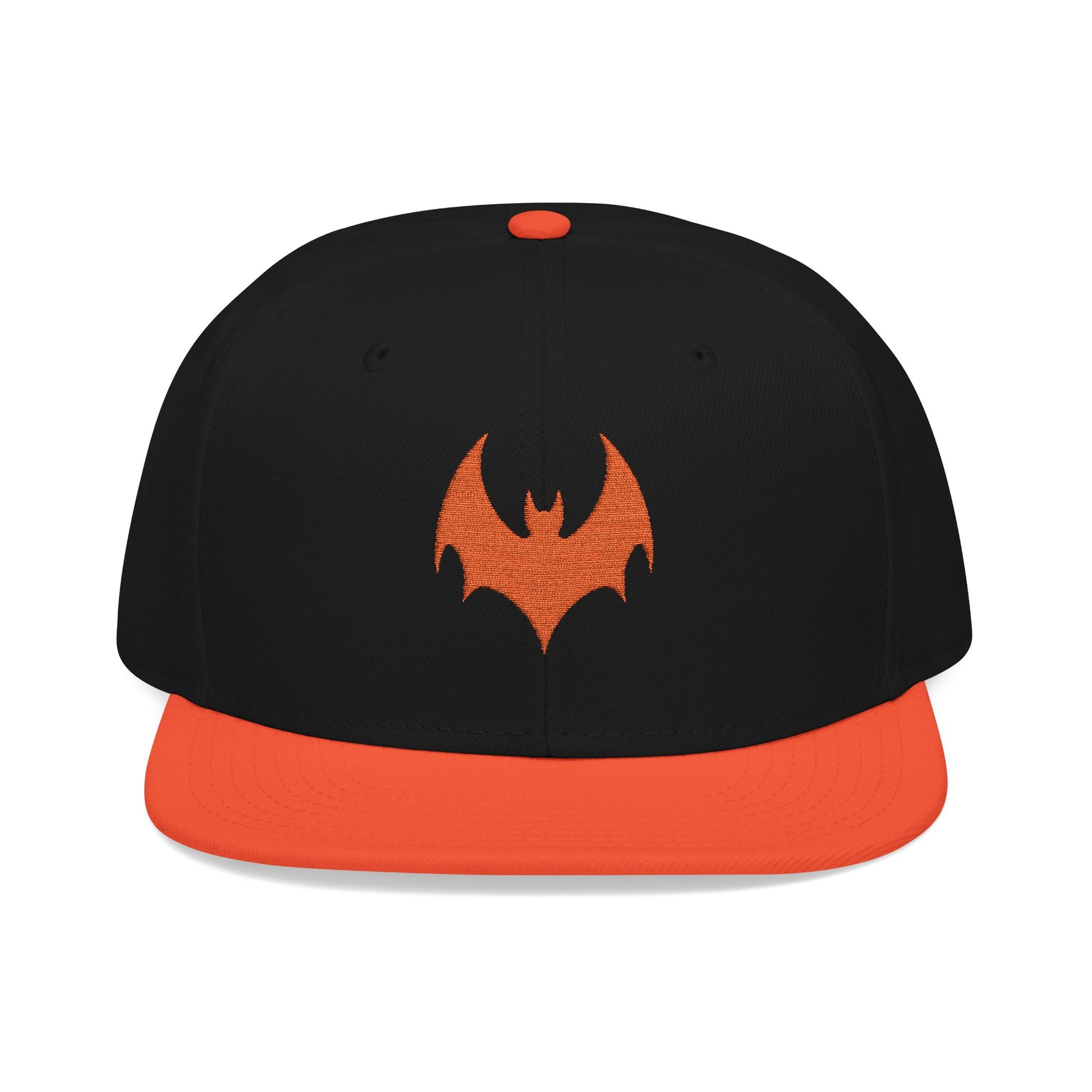 Black and orange cap with a bat symbol on a white background