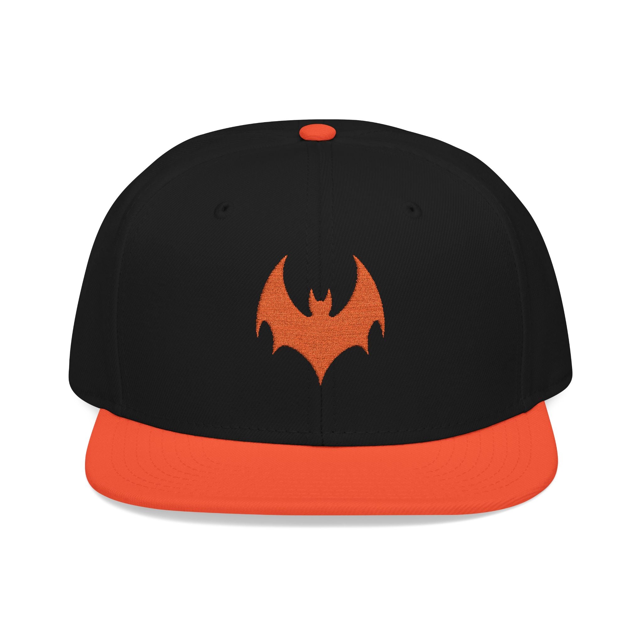 Black and orange cap with a bat symbol on a white background