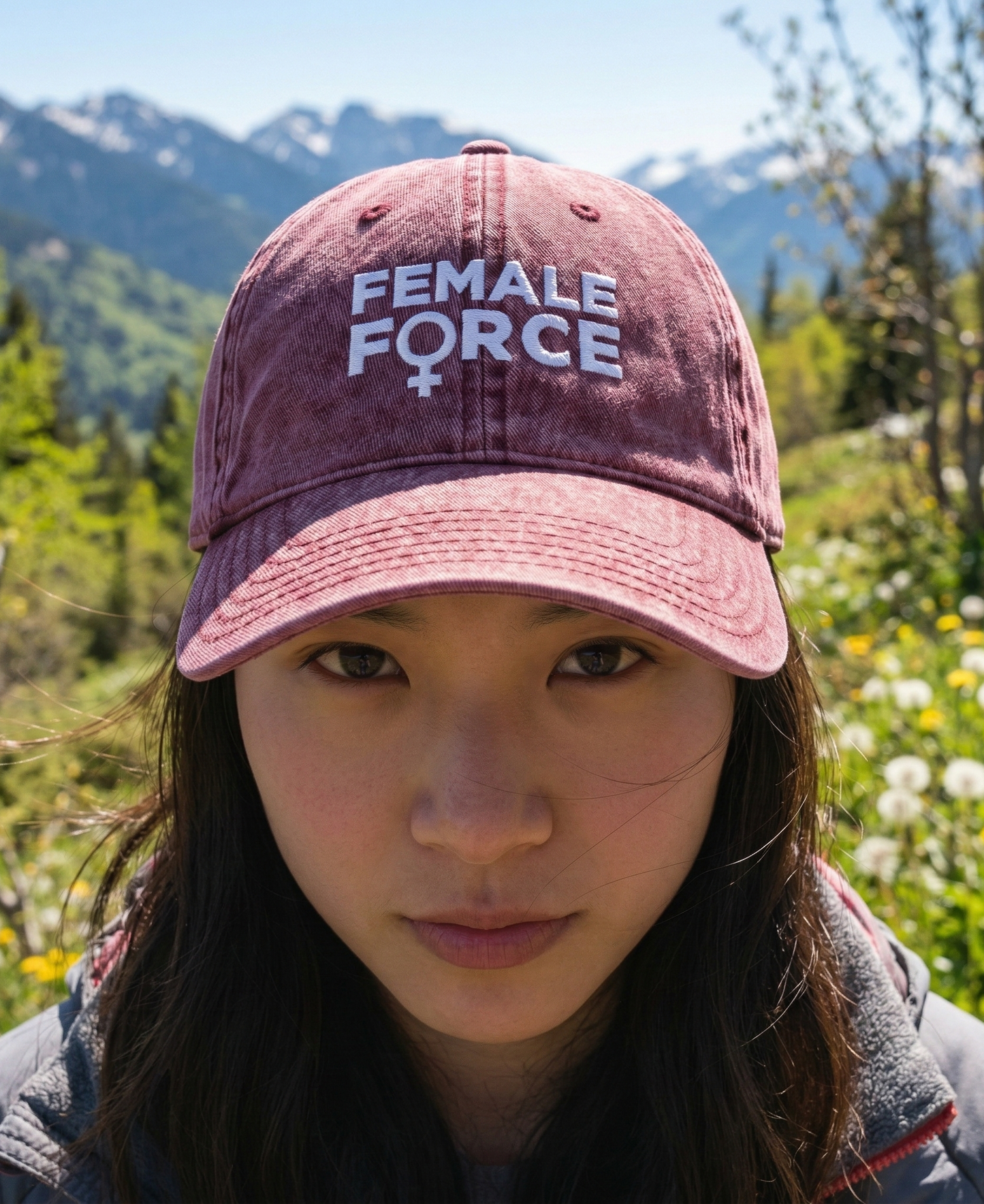 Person wearing a 'FEMALE FORCE' cap in a natural setting with mountains and flowers.