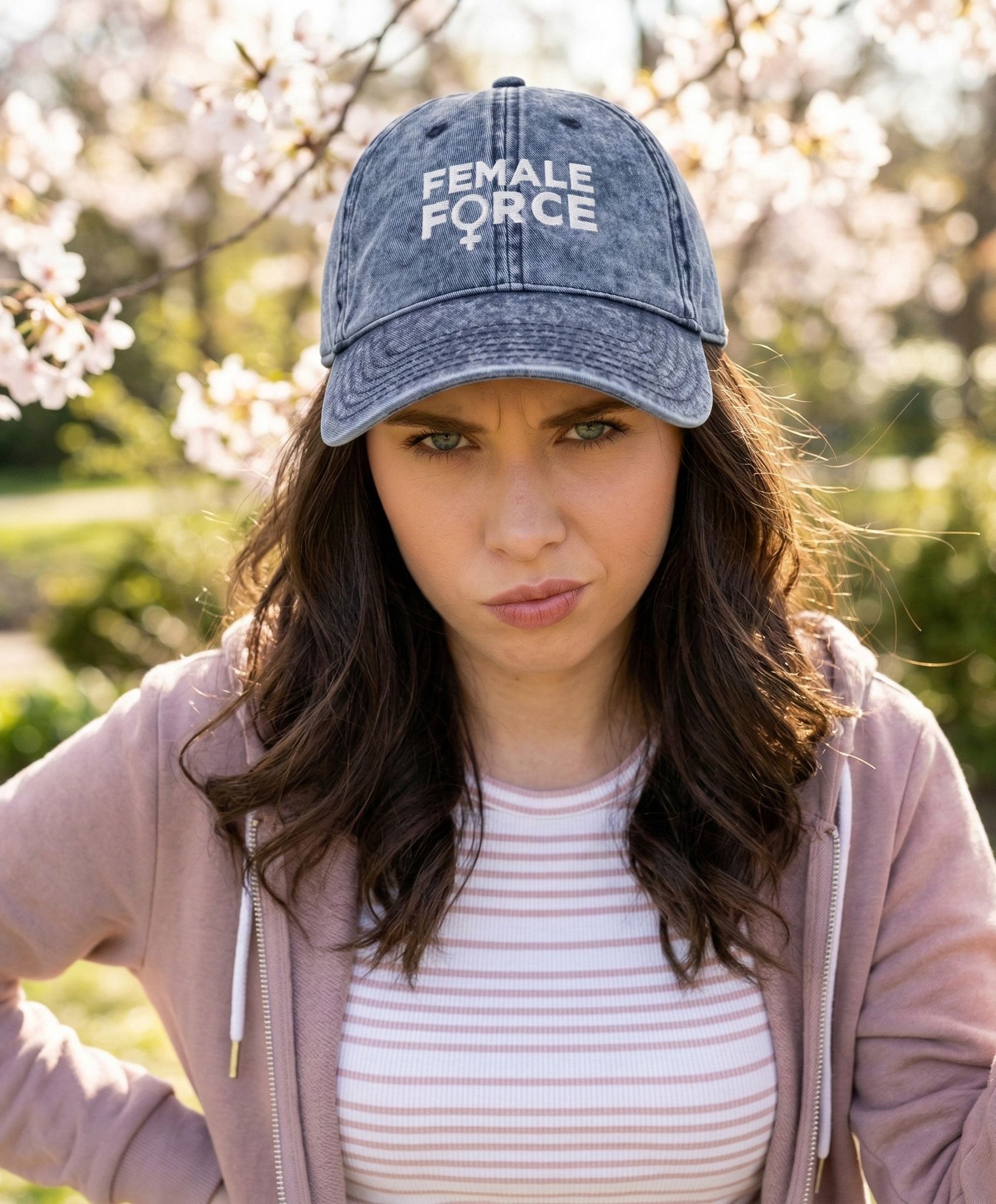 Woman wearing a denim cap with 'FEMALE FORCE' text outdoors
