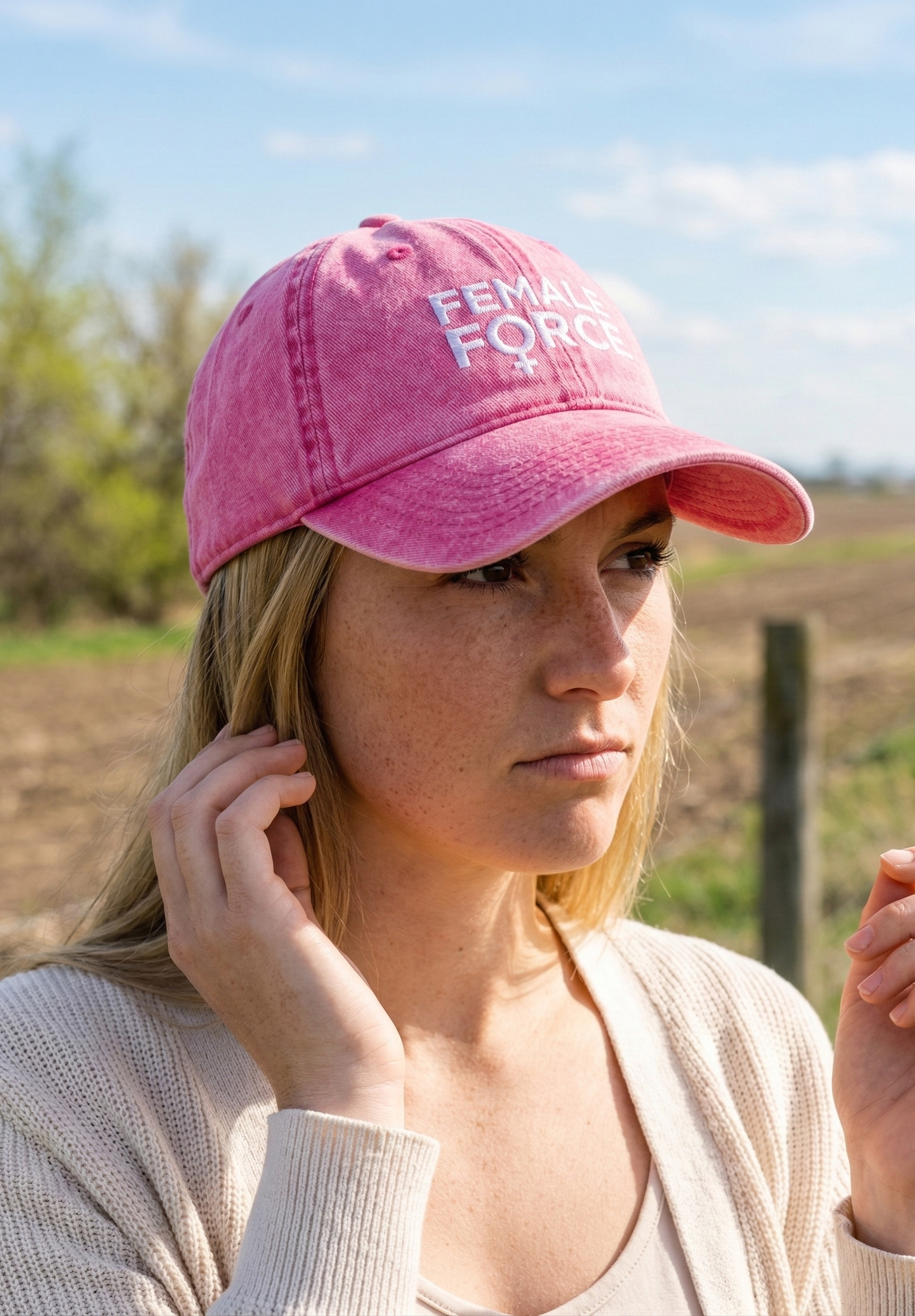 Woman wearing a pink cap with 'Female Force' text outdoors.