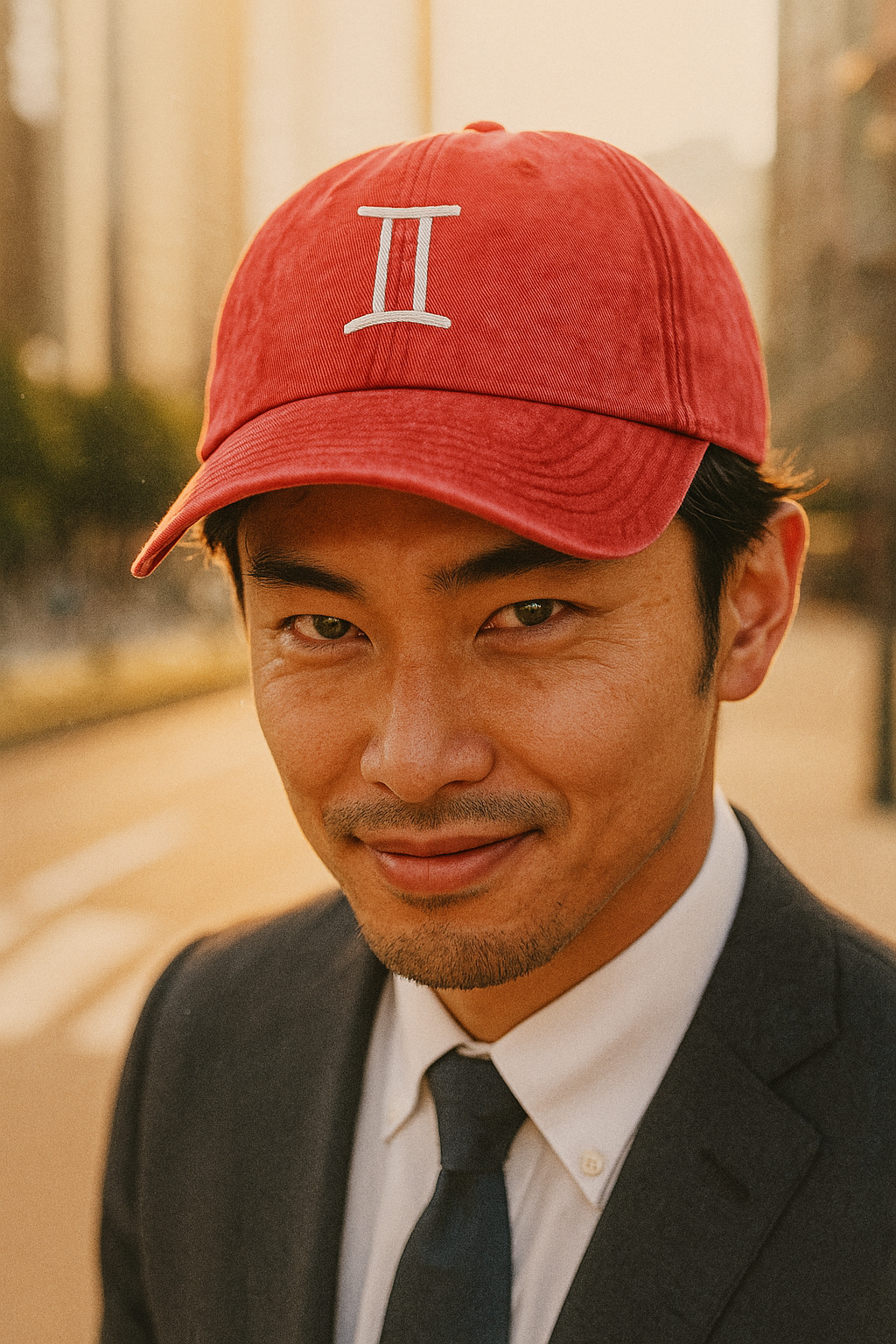 Man wearing a red cap with a gemini logo, suit, and tie outdoors.