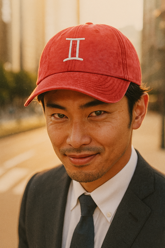 Man wearing a red cap with a gemini logo, suit, and tie outdoors.