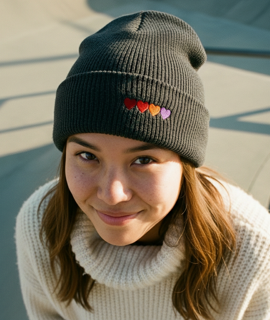 Woman wearing a dark gray knit beanie with colorful heart patterns on a concrete surface.