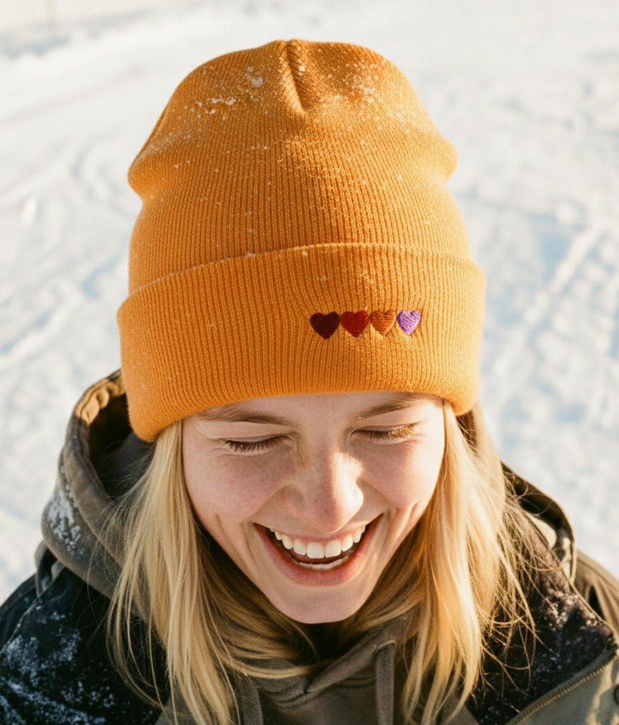 Person wearing an orange beanie with heart patterns in a snowy landscape