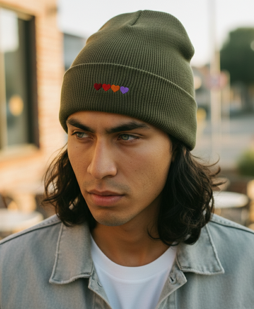 Person wearing a green beanie with colorful heart patterns outdoors