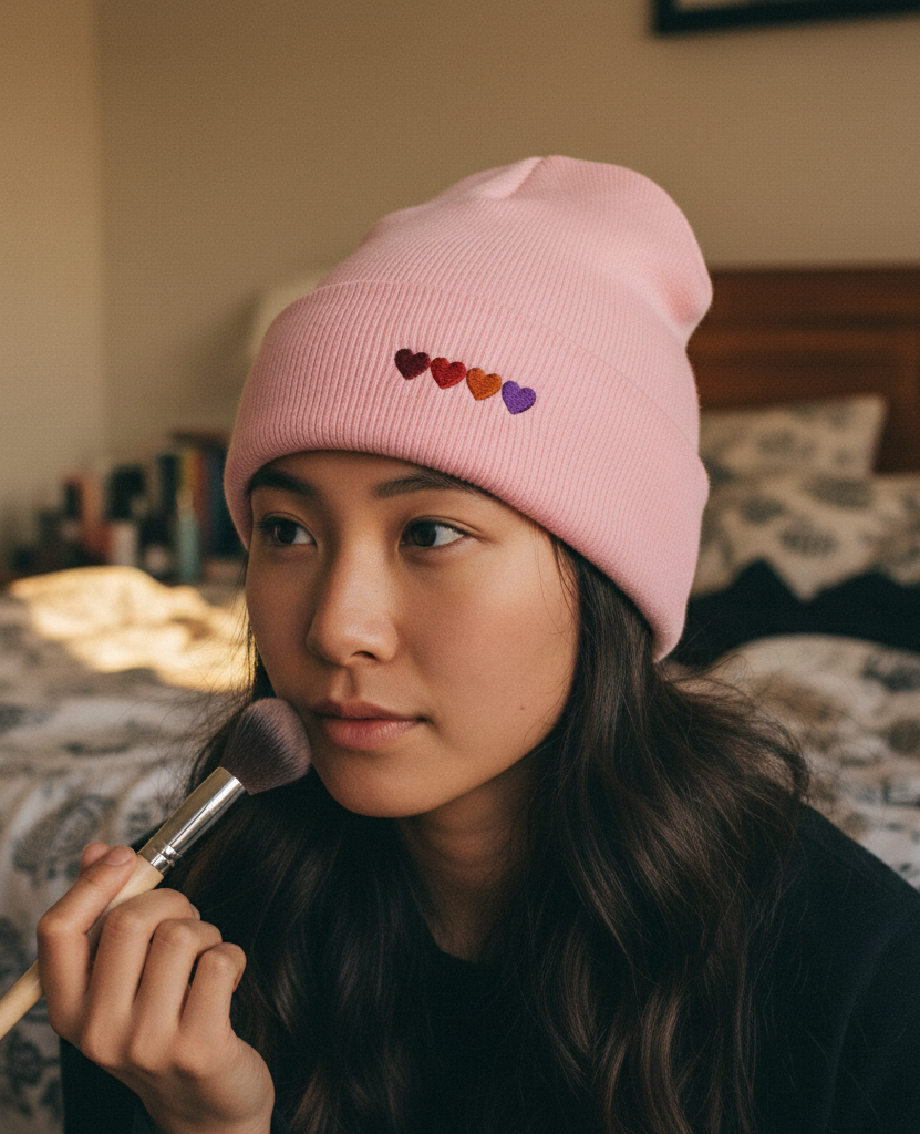 Person wearing a pink beanie with embroidered hearts, holding makeup brushes in a bedroom setting.