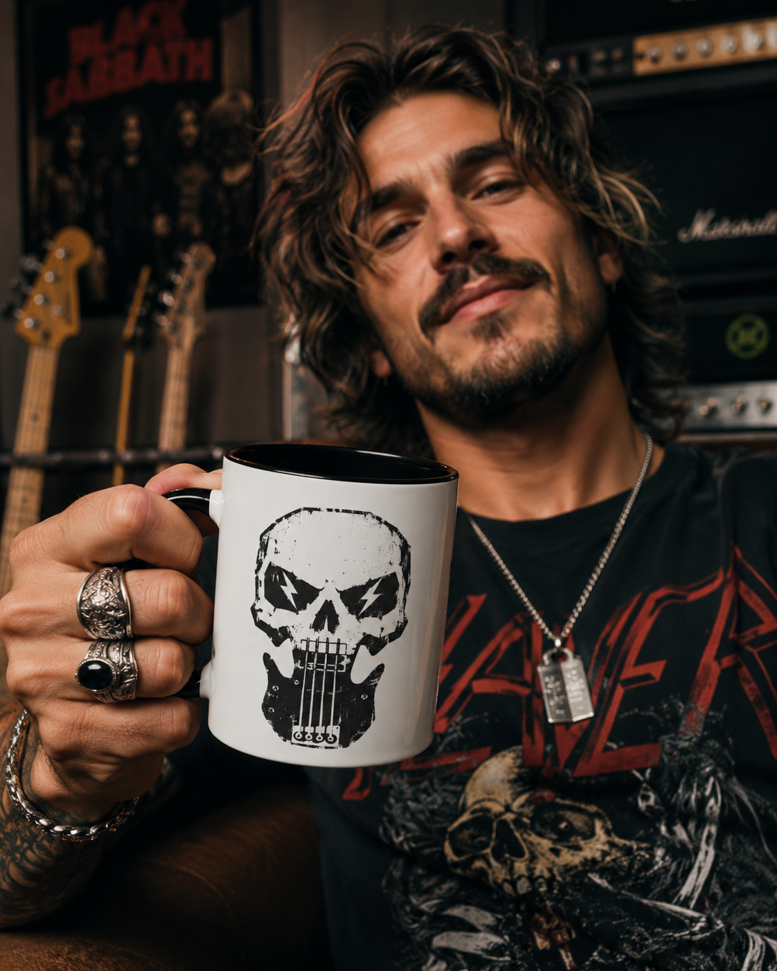 Man holding a mug with a skull and guitar design in a music-themed setting
