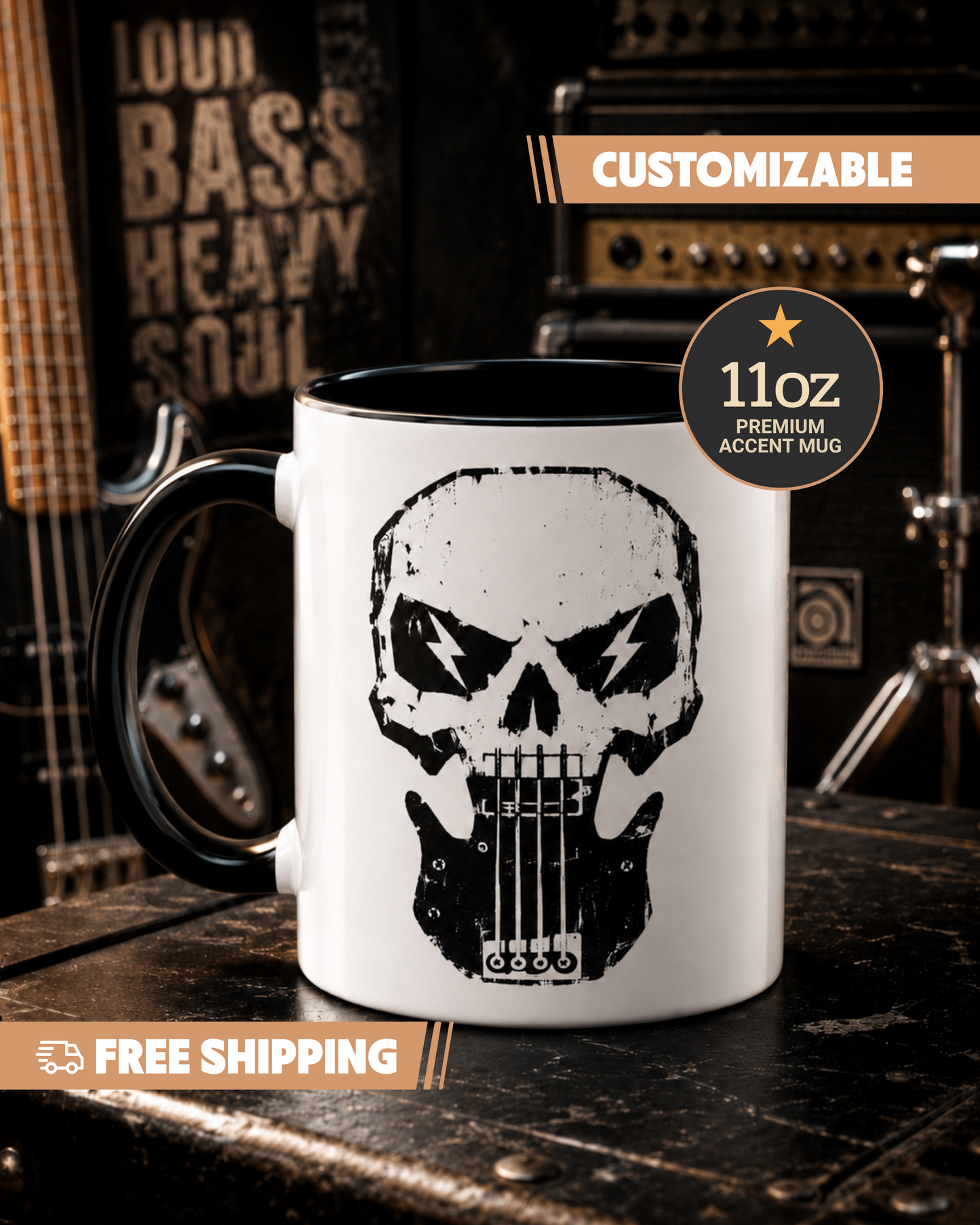 White mug with black skull design on a dark surface with music equipment in the background