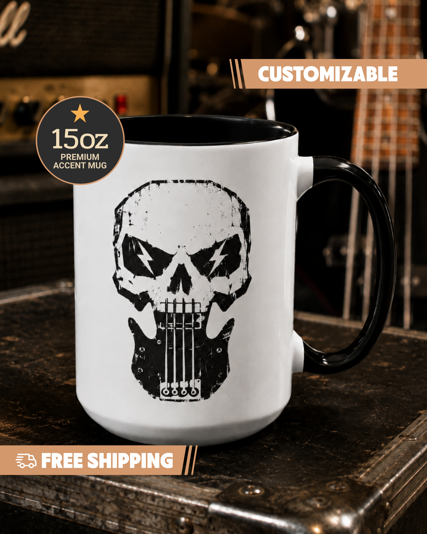 White mug with black skull and guitar design on a wooden surface, with 'Customizable' and 'Free Shipping' text.
